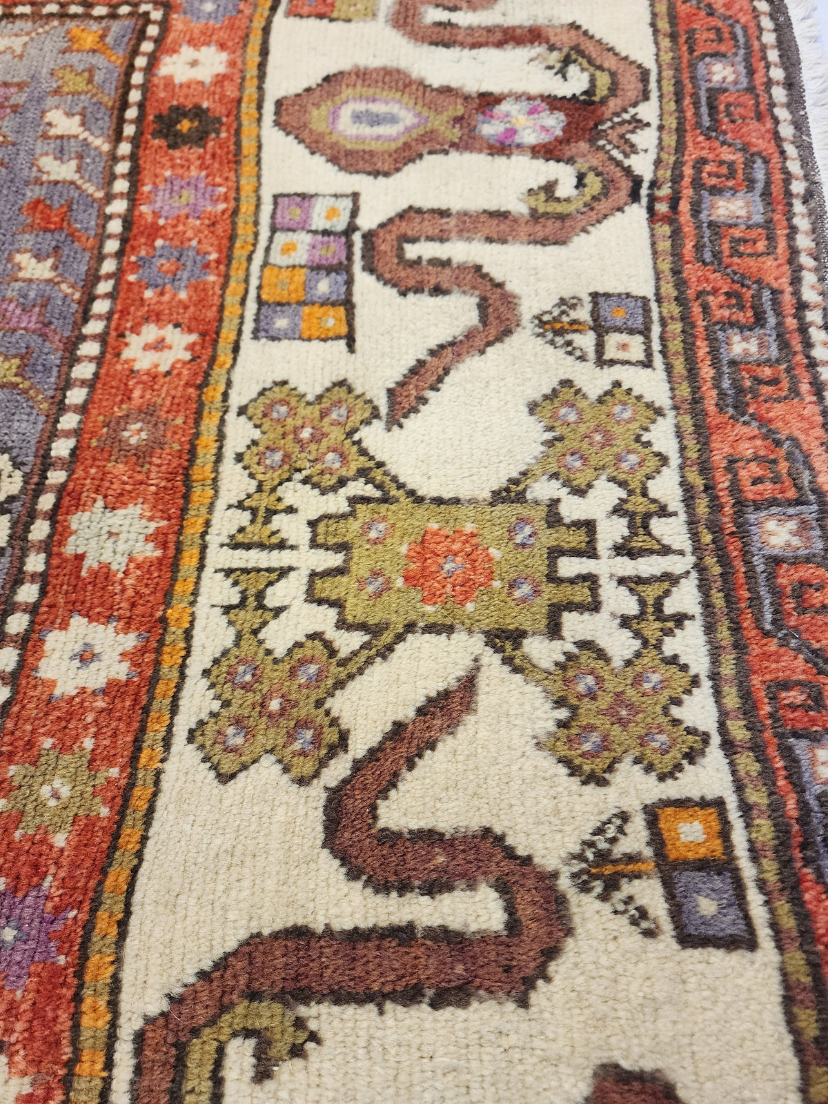 Vintage Anatolian Diamond Medallion Rug, Tribal Geometric Area Carpet, Muted Blue Lavender Red Wool Rug