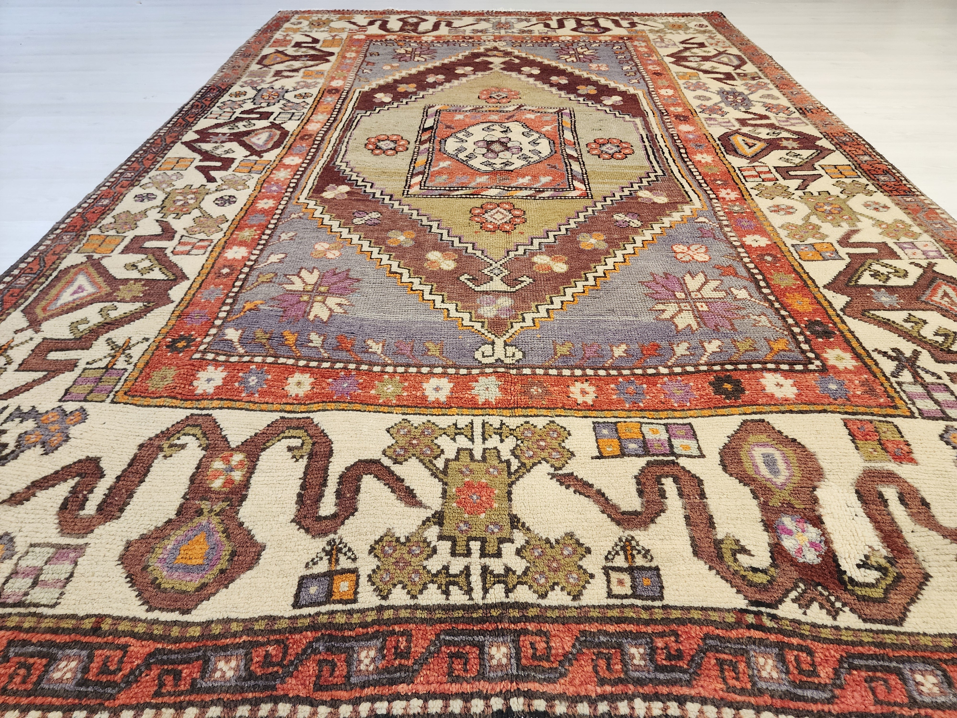 Vintage Anatolian Diamond Medallion Rug, Tribal Geometric Area Carpet, Muted Blue Lavender Red Wool Rug