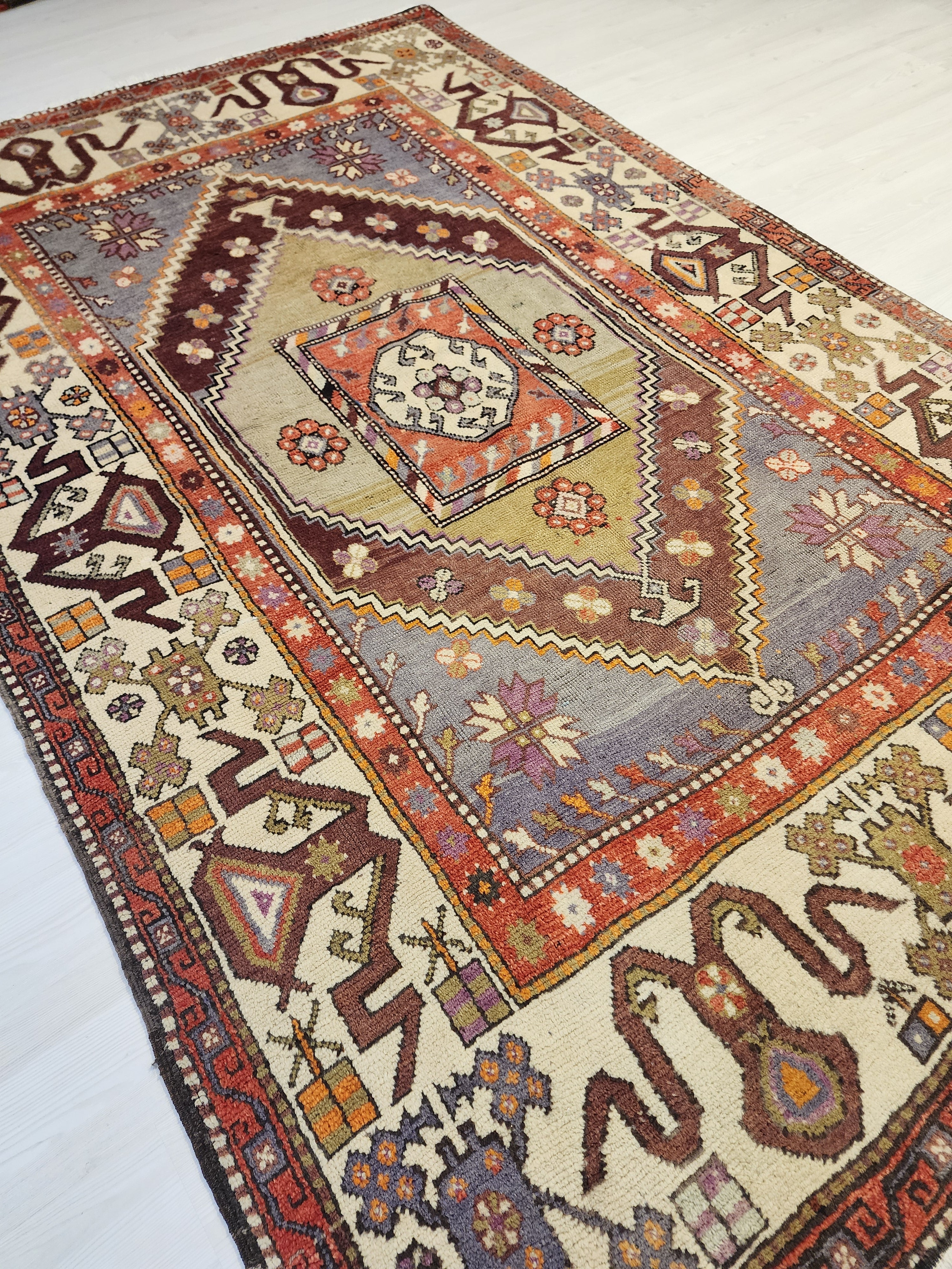 Vintage Anatolian Diamond Medallion Rug, Tribal Geometric Area Carpet, Muted Blue Lavender Red Wool Rug