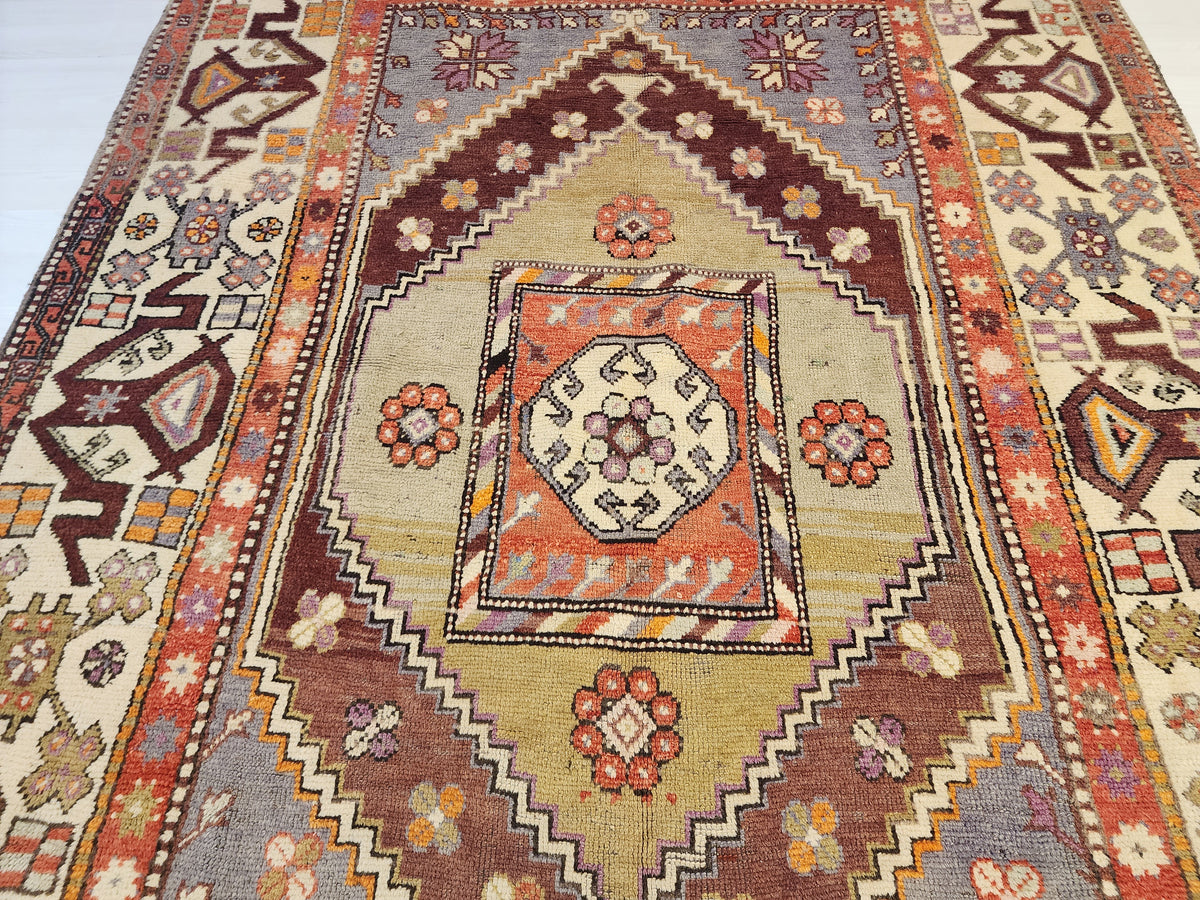 Vintage Anatolian Diamond Medallion Rug, Tribal Geometric Area Carpet, Muted Blue Lavender Red Wool Rug