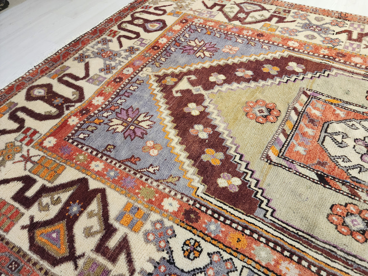 Vintage Anatolian Diamond Medallion Rug, Tribal Geometric Area Carpet, Muted Blue Lavender Red Wool Rug