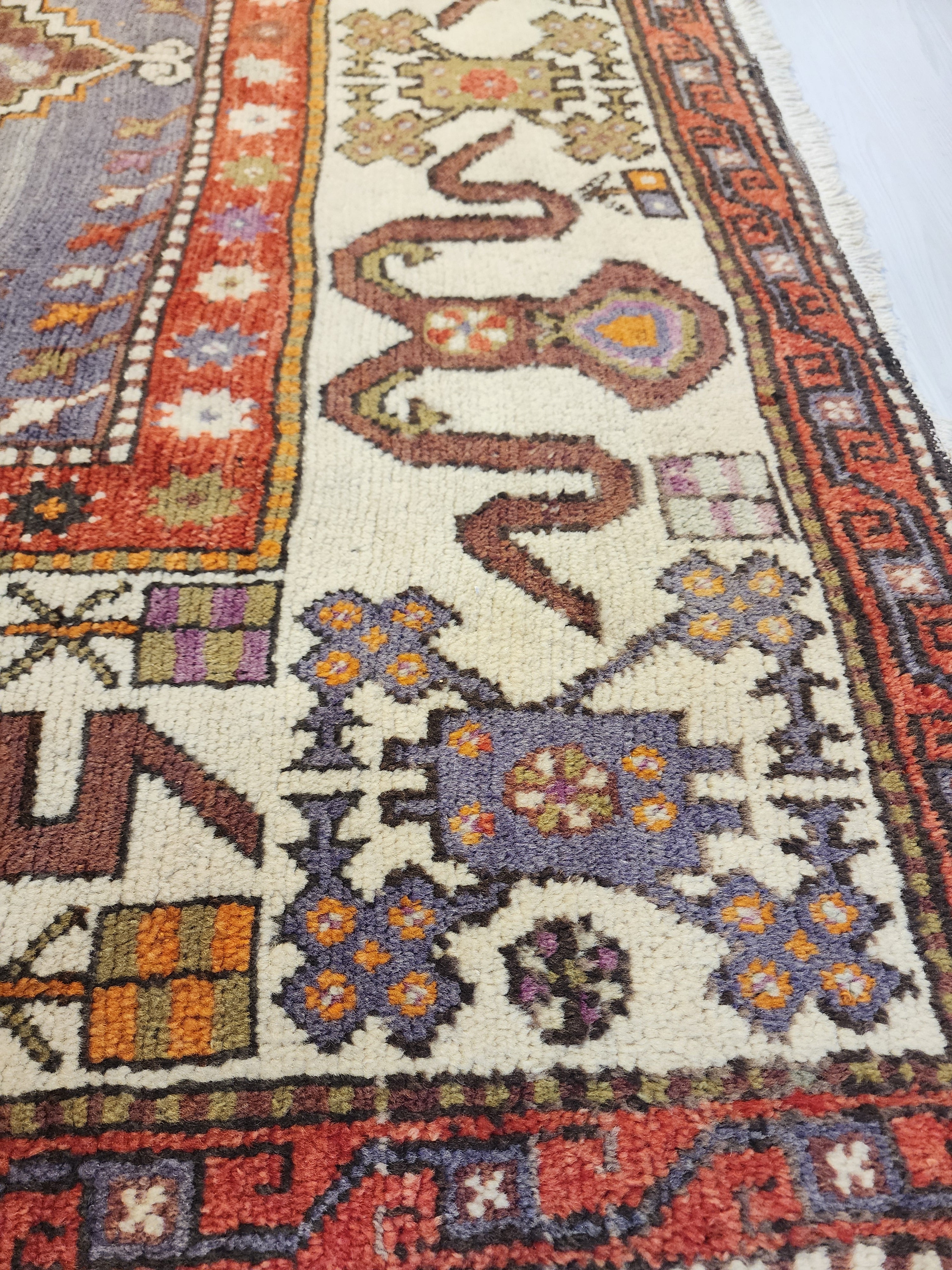 Vintage Anatolian Diamond Medallion Rug, Tribal Geometric Area Carpet, Muted Blue Lavender Red Wool Rug