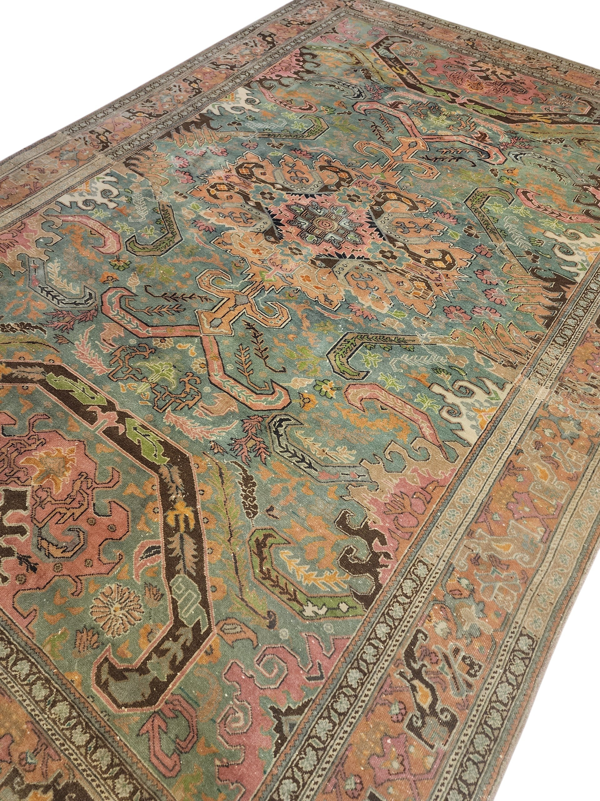 Vintage Kayseri Turkish Rug, Muted Sage Green & Blush Pink Hand-Knotted Carpet, Floral Medallion Organic Wool Anatolian Area Rug