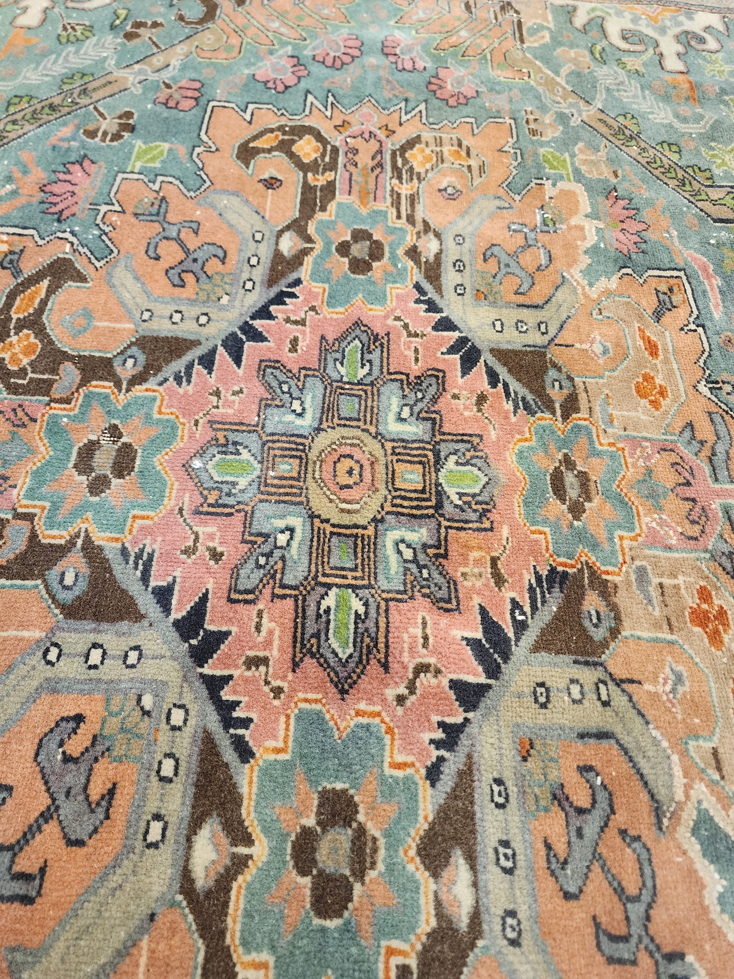 Vintage Kayseri Turkish Rug, Muted Sage Green & Blush Pink Hand-Knotted Carpet, Floral Medallion Organic Wool Anatolian Area Rug