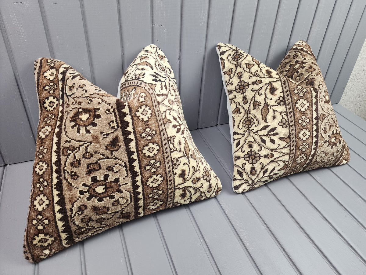 Vintage Turkish rug pillow covers, set of 2, ivory and brown, 16x16 in, pair, angled view