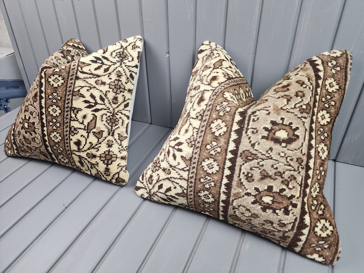 Vintage Turkish rug pillow covers, set of 2, ivory and brown, 16x16 in, pair, angled view