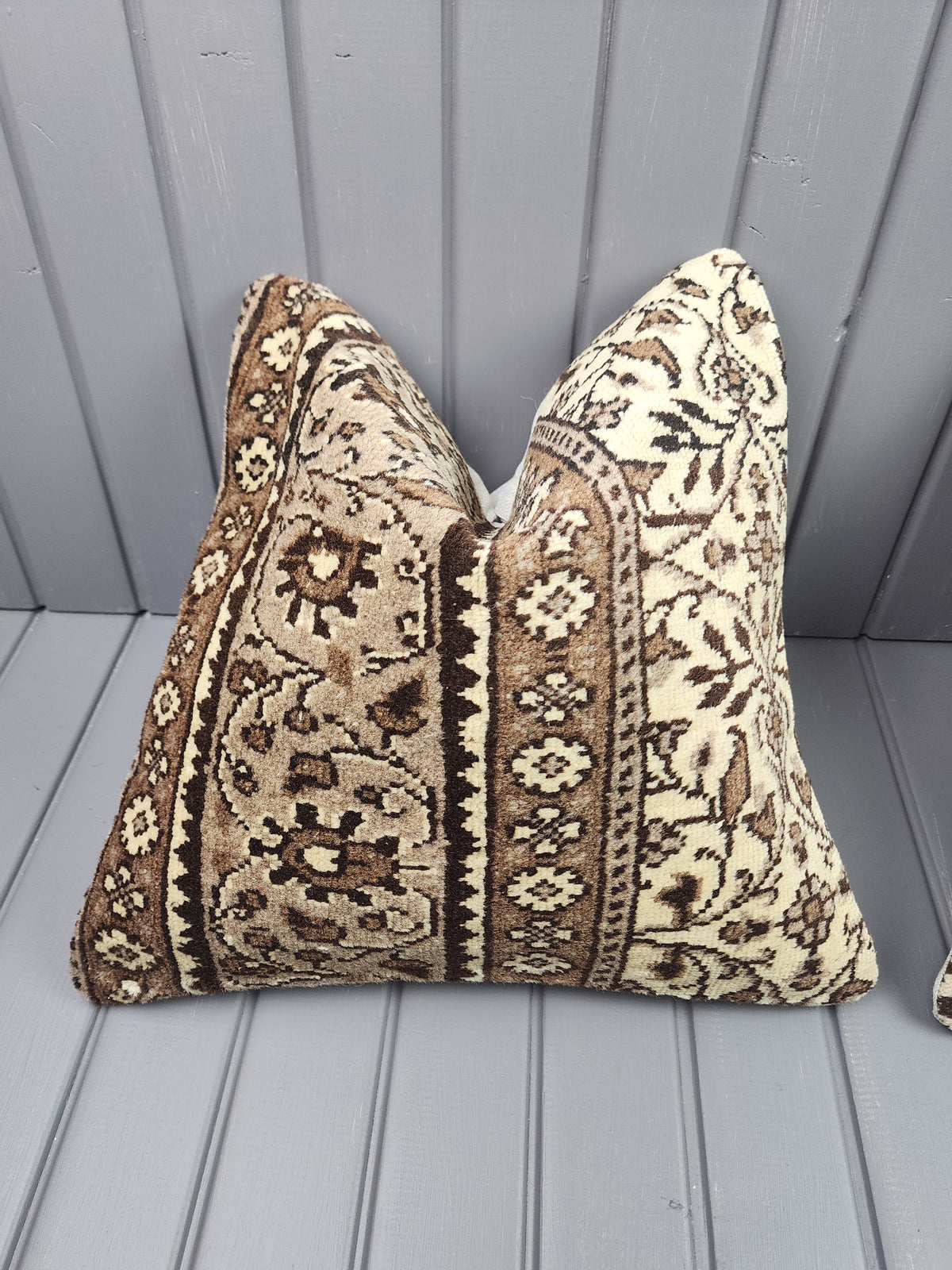 Vintage Turkish rug pillow covers, set of 2, ivory and brown, 16x16 in, single cover close-up