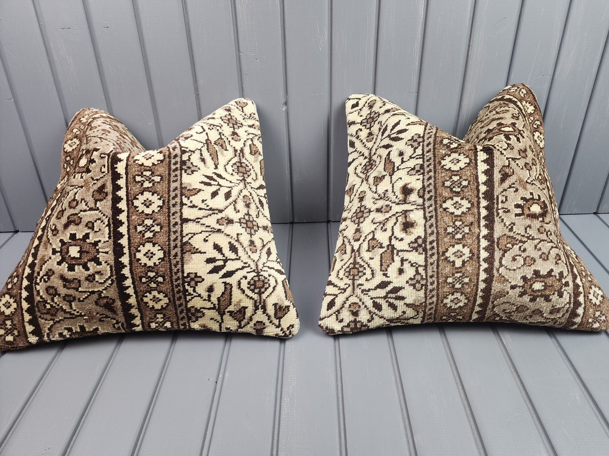 Vintage Turkish rug pillow covers, set of 2, ivory and brown, 16x16 in, pair, front view
