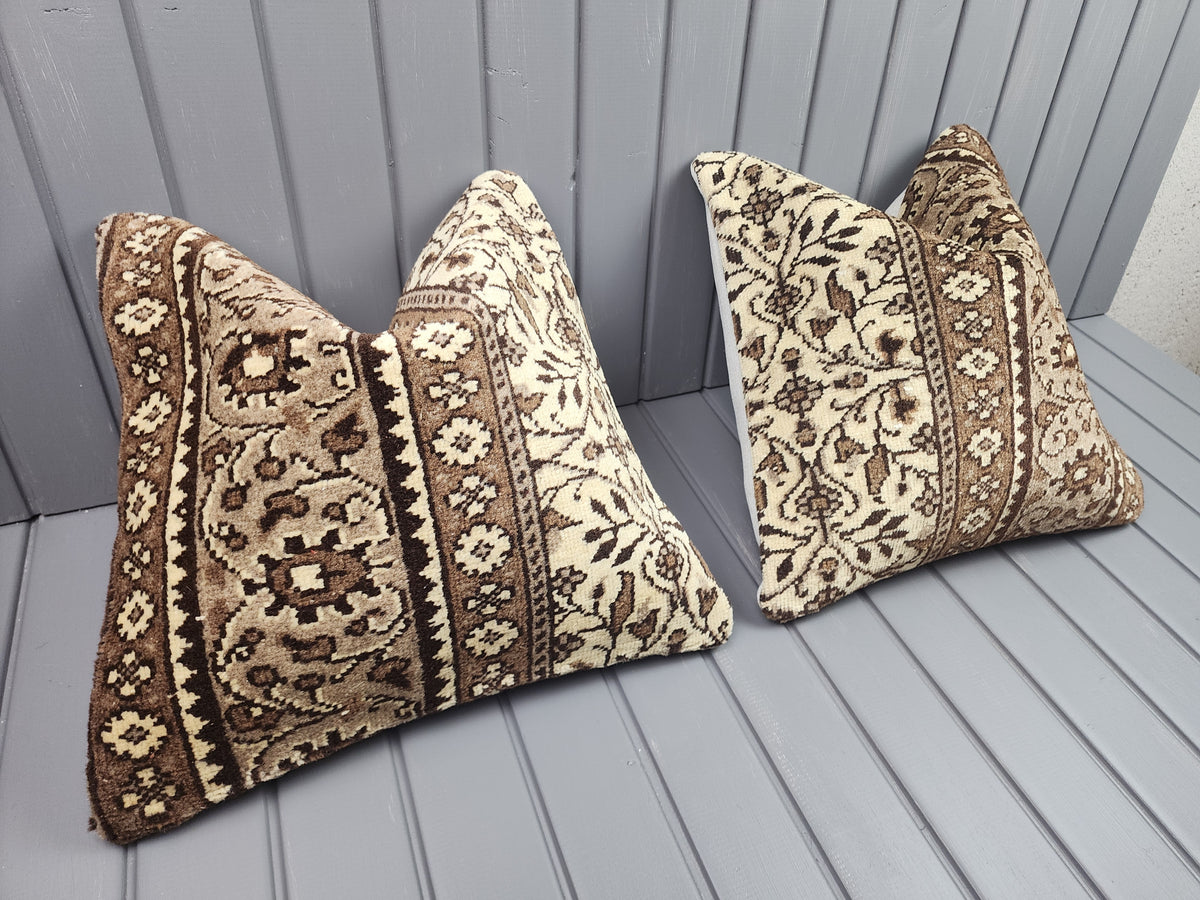 Vintage Turkish rug pillow covers, set of 2, ivory and brown, 16x16 in, pair, angled view