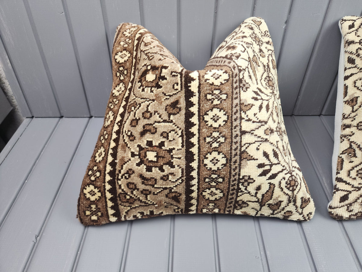 Vintage Turkish rug pillow covers, set of 2, ivory and brown, 16x16 in, single cover close-up