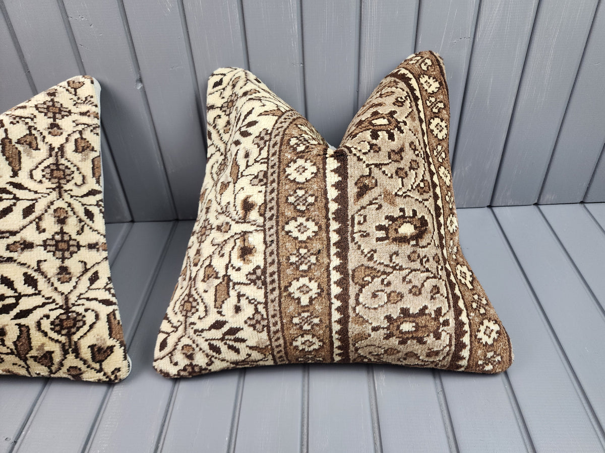 Vintage Turkish rug pillow covers, set of 2, ivory and brown, 16x16 in, single cover close-up