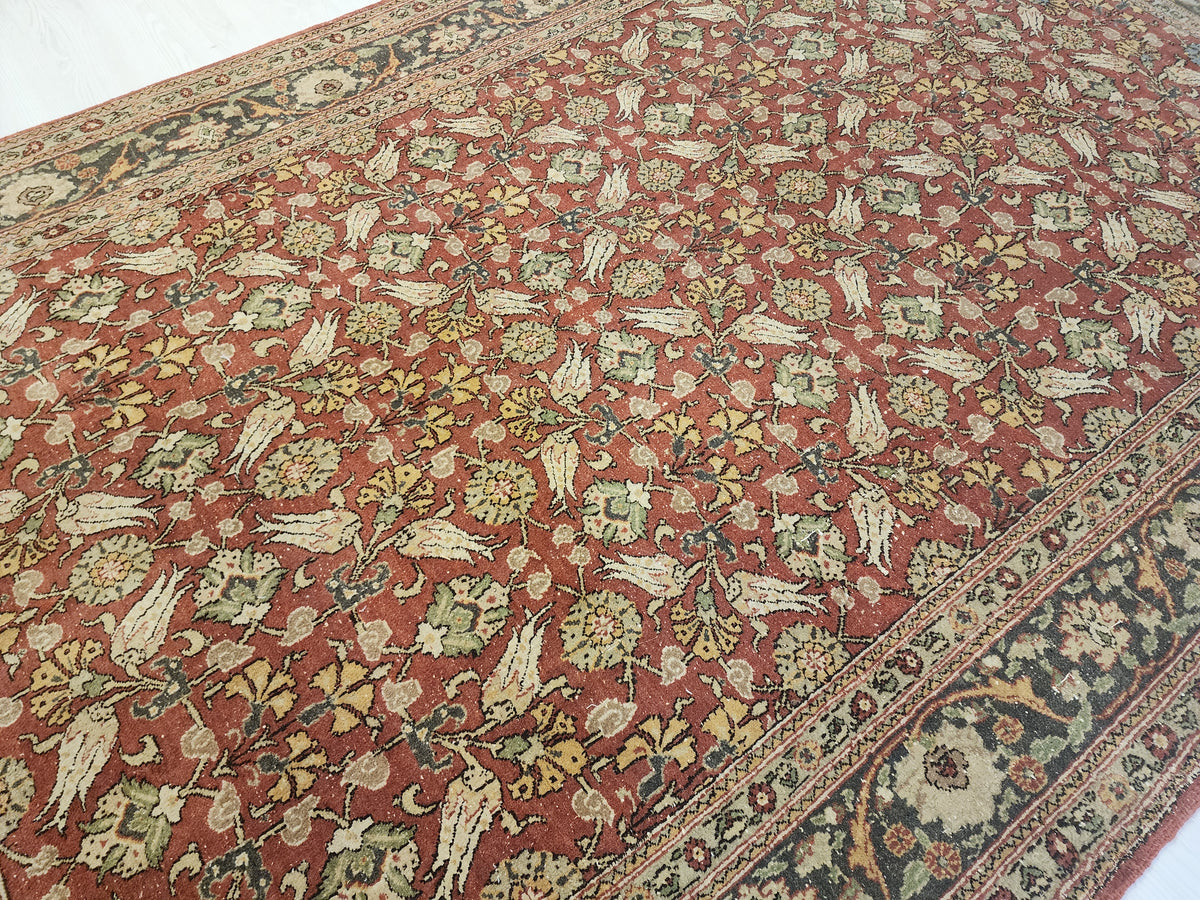 Vintage Hand-Knotted Hereke Tulip Rug, Red Floral Anatolian Carpet (5' x 7'7")
