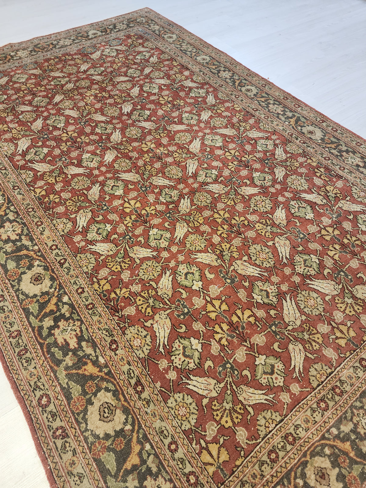 Vintage Hand-Knotted Hereke Tulip Rug, Red Floral Anatolian Carpet (5' x 7'7")