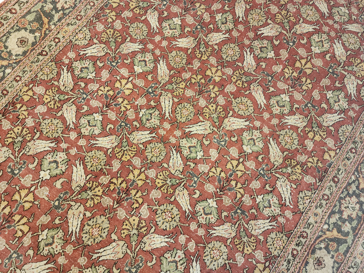Vintage Hand-Knotted Hereke Tulip Rug, Red Floral Anatolian Carpet (5' x 7'7")