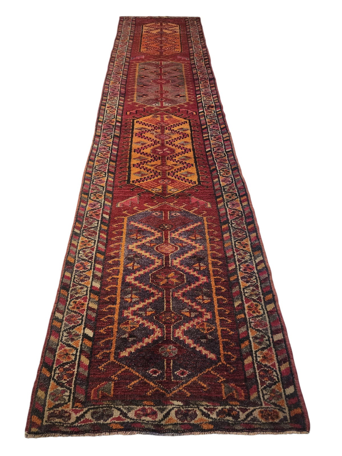 Psalakanthe — Hand-Knotted Turkish Wool Runner Rug – Crimson Purple Tribal Hallway Accent (2'10" x 12'3")