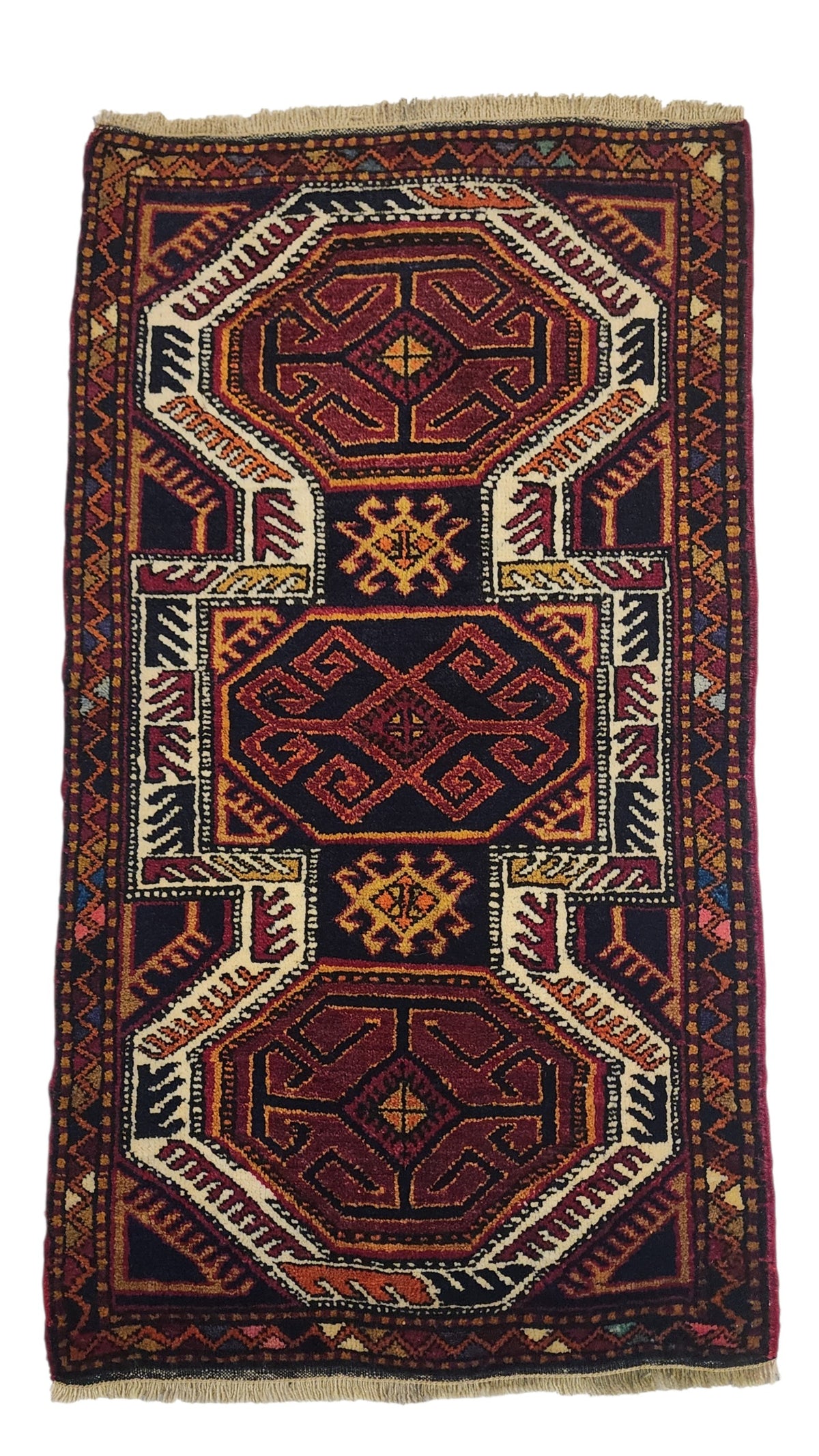 Vintage Yörük rug in red, blue and orange, 1'8" x 3'1", full view