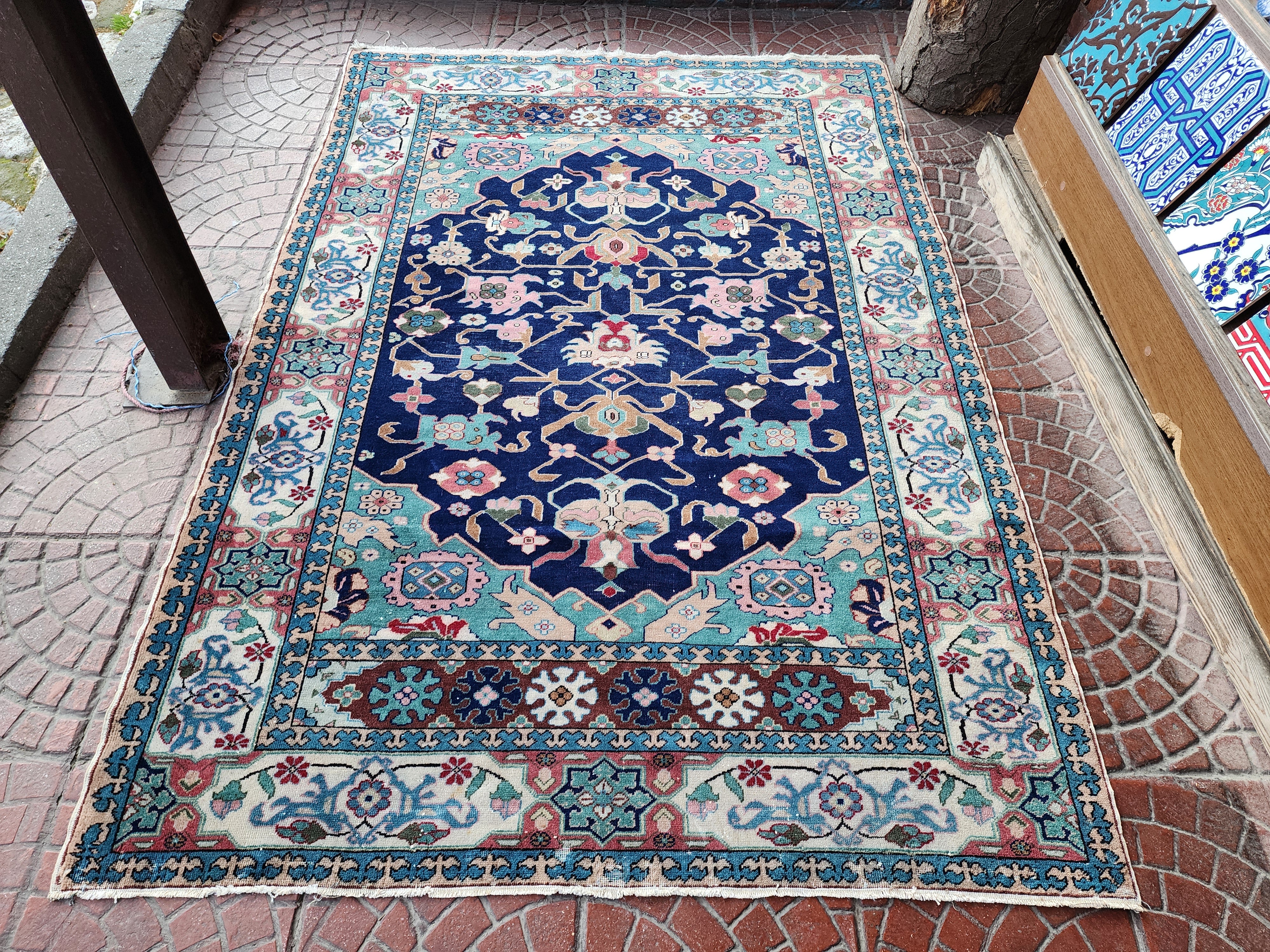 Elegant Blue Medallion Antique Kayseri Carpet
