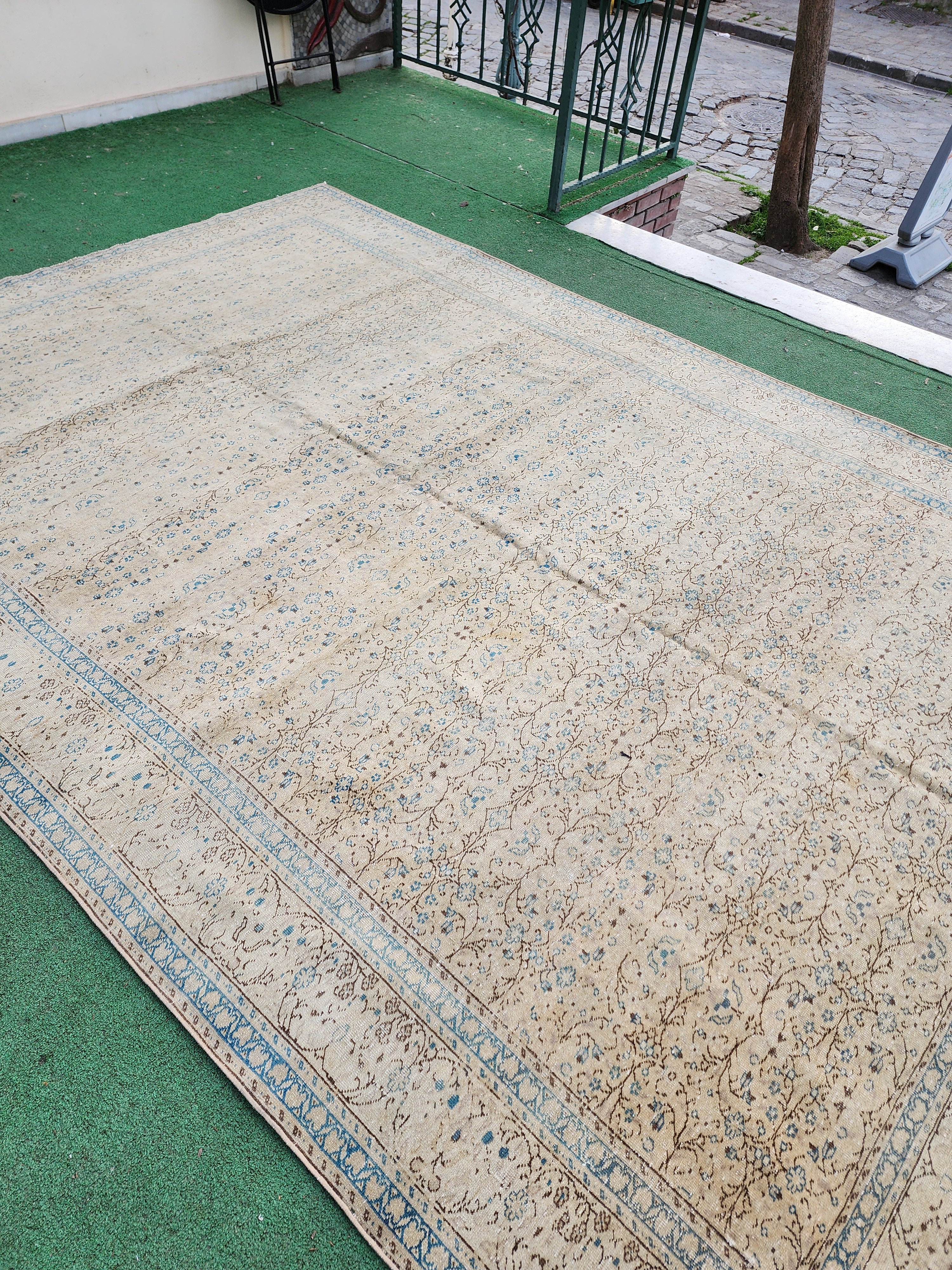 Vintage Turkish Rug 10 ft 6 in x 7 ft 4 in, Beige, Brown and Off-Blue Antique Persian Rug Handmade from Natural Wool