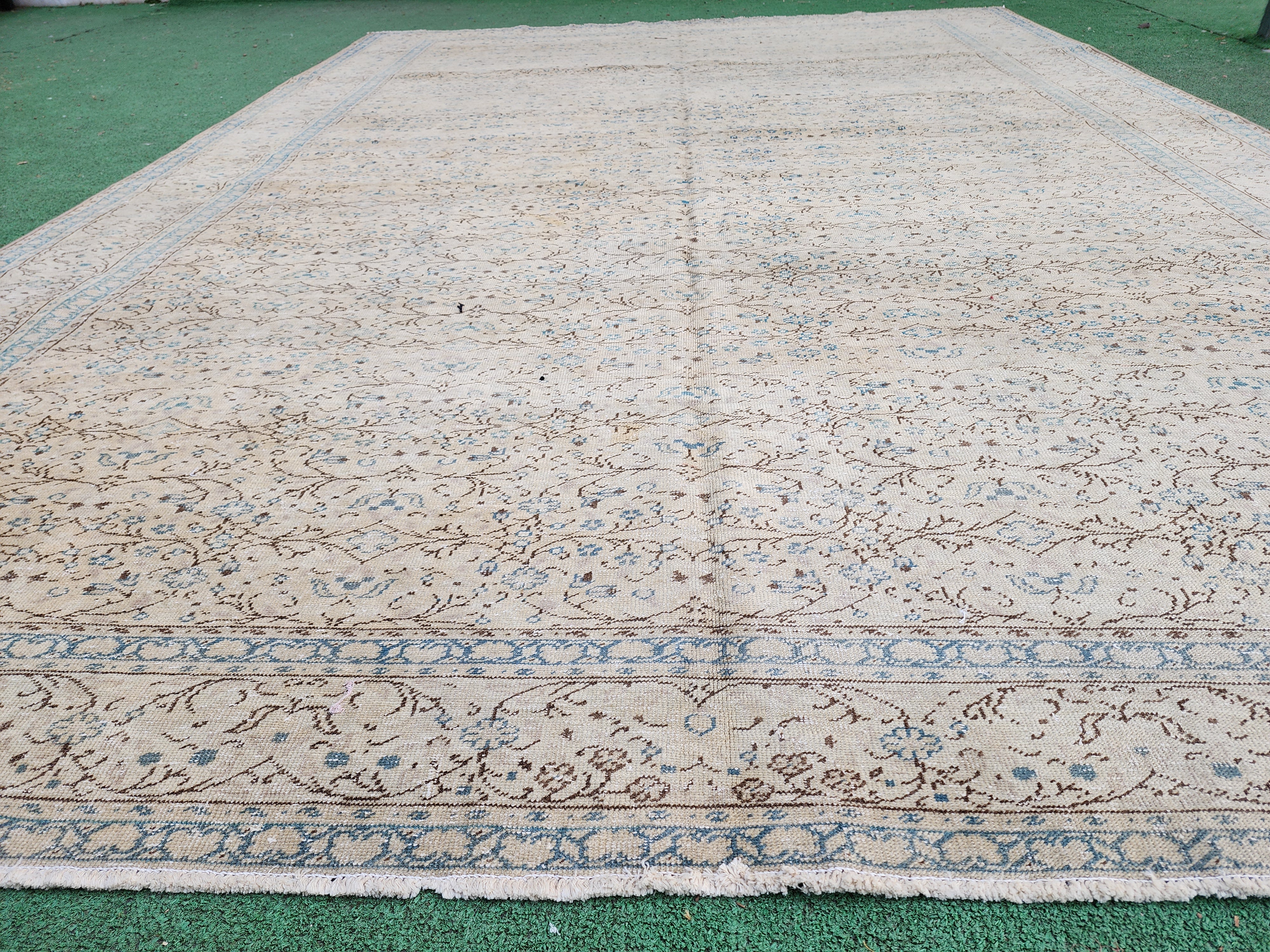 Vintage Turkish Rug 10 ft 6 in x 7 ft 4 in, Beige, Brown and Off-Blue Antique Persian Rug Handmade from Natural Wool