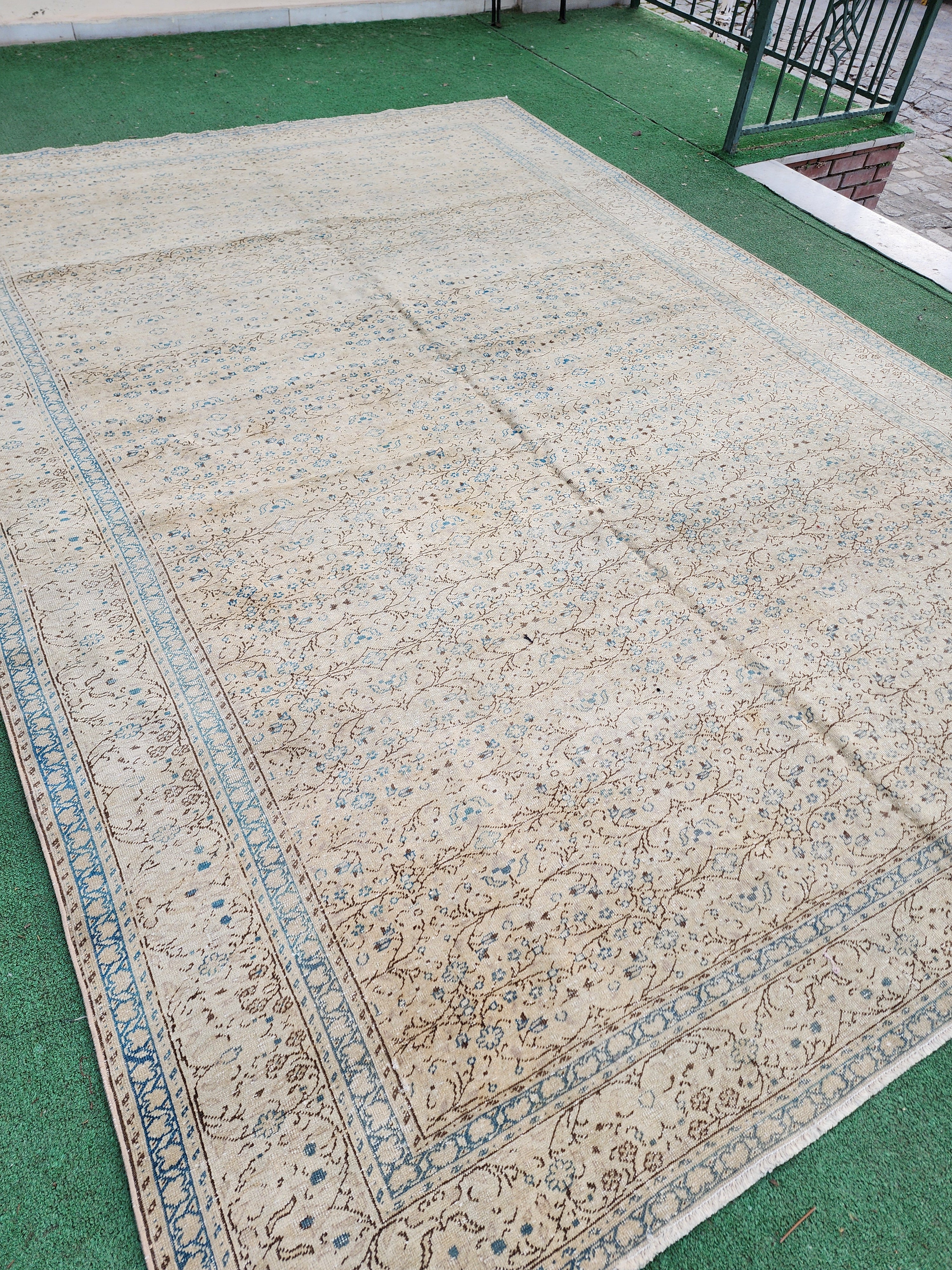 Vintage Turkish Rug 10 ft 6 in x 7 ft 4 in, Beige, Brown and Off-Blue Antique Persian Rug Handmade from Natural Wool