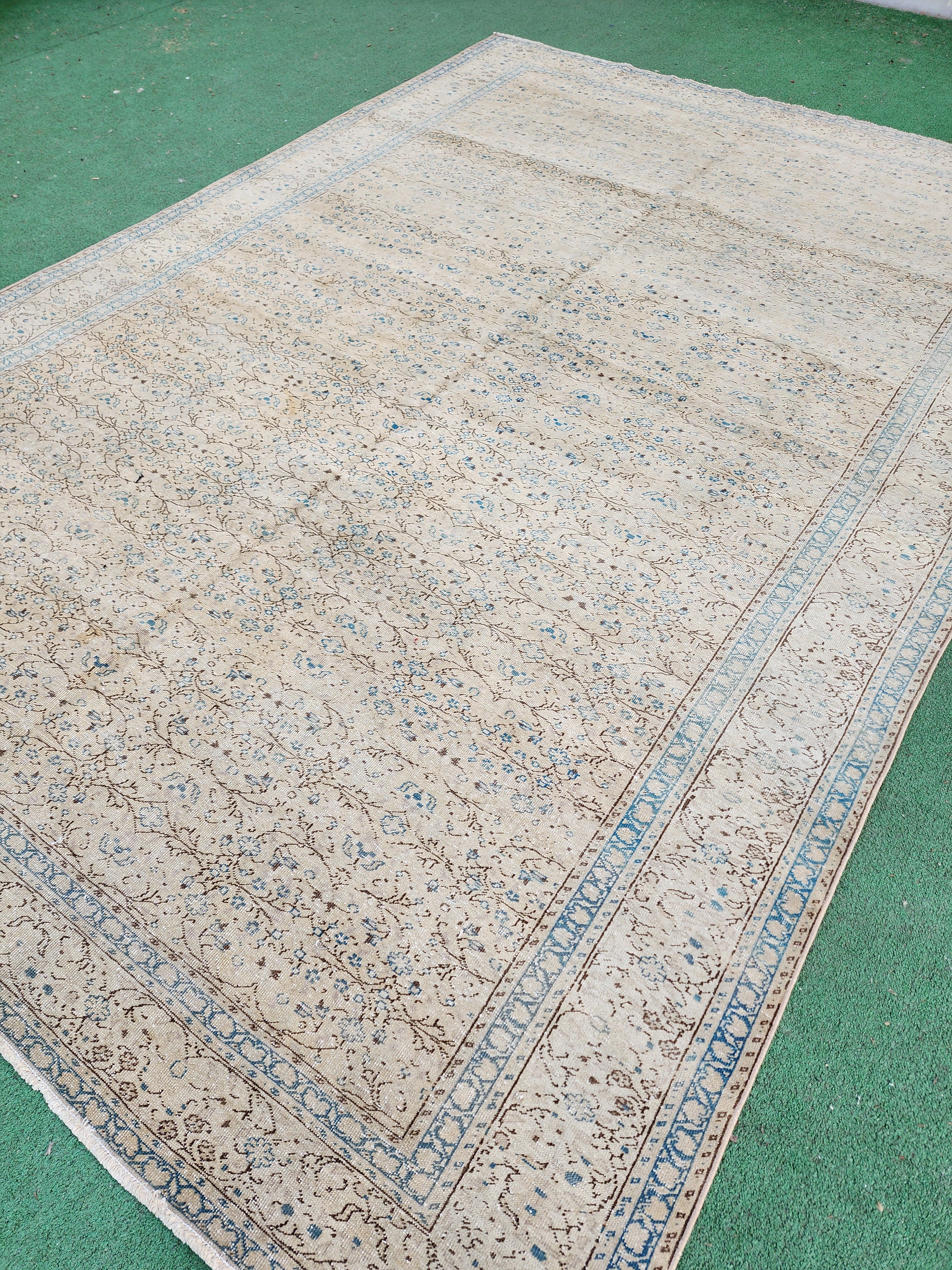 Vintage Turkish Rug 10 ft 6 in x 7 ft 4 in, Beige, Brown and Off-Blue Antique Persian Rug Handmade from Natural Wool