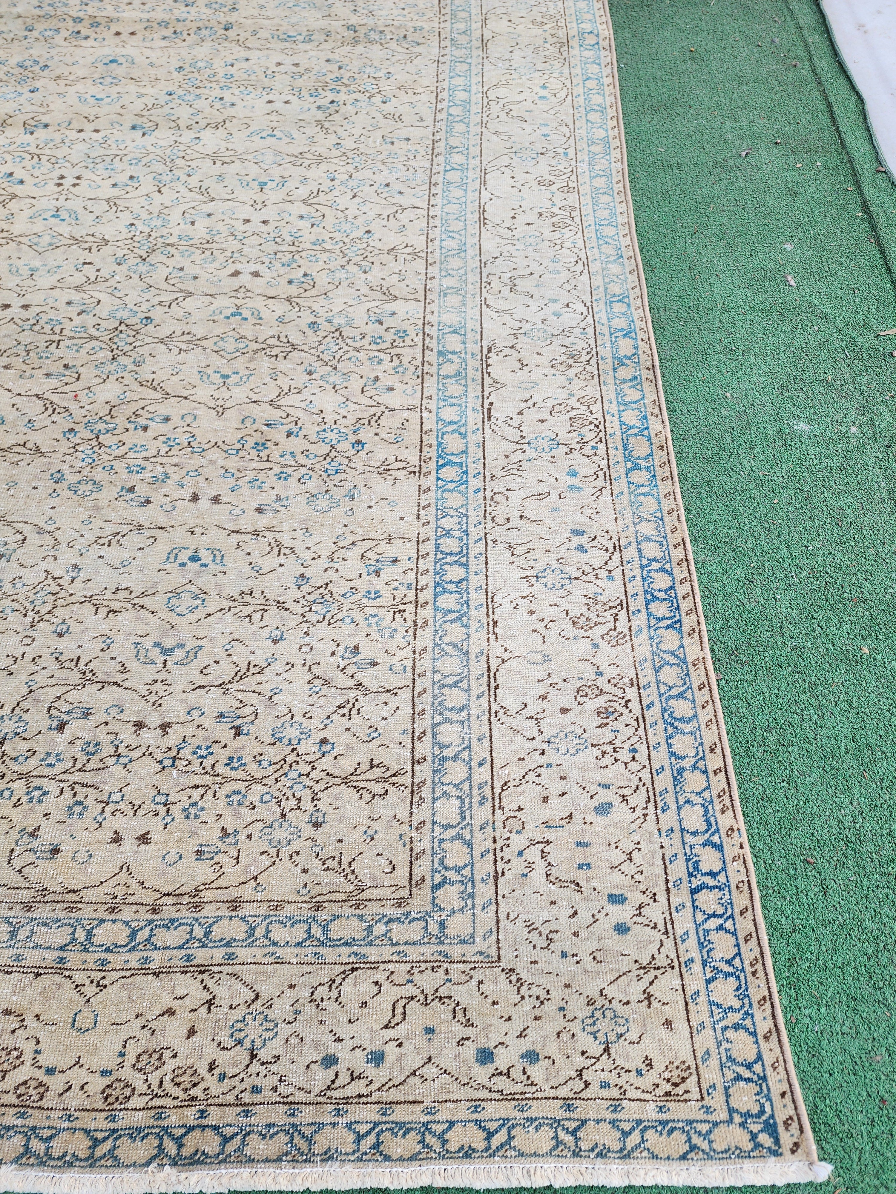 Vintage Turkish Rug 10 ft 6 in x 7 ft 4 in, Beige, Brown and Off-Blue Antique Persian Rug Handmade from Natural Wool