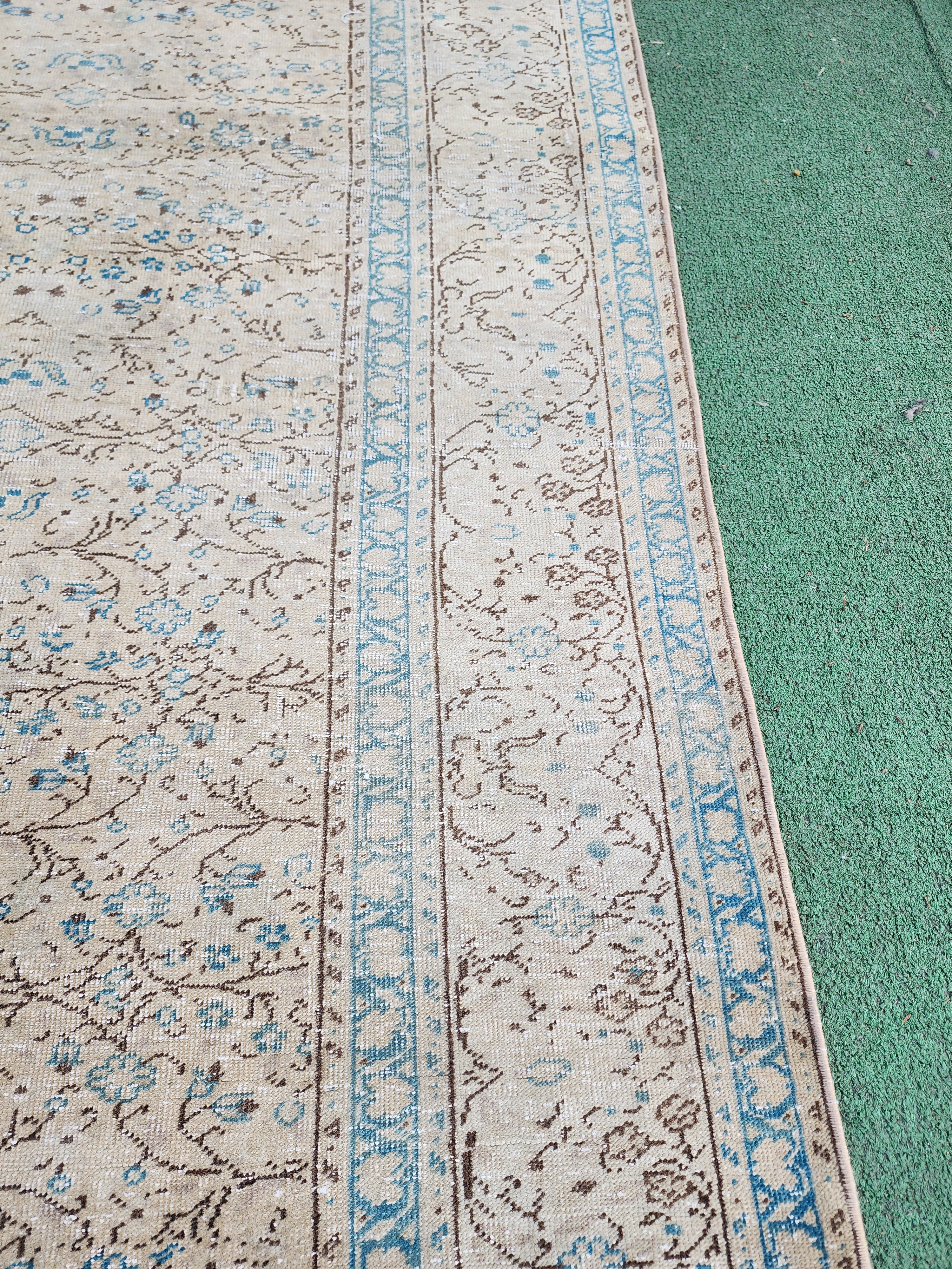 Vintage Turkish Rug 10 ft 6 in x 7 ft 4 in, Beige, Brown and Off-Blue Antique Persian Rug Handmade from Natural Wool