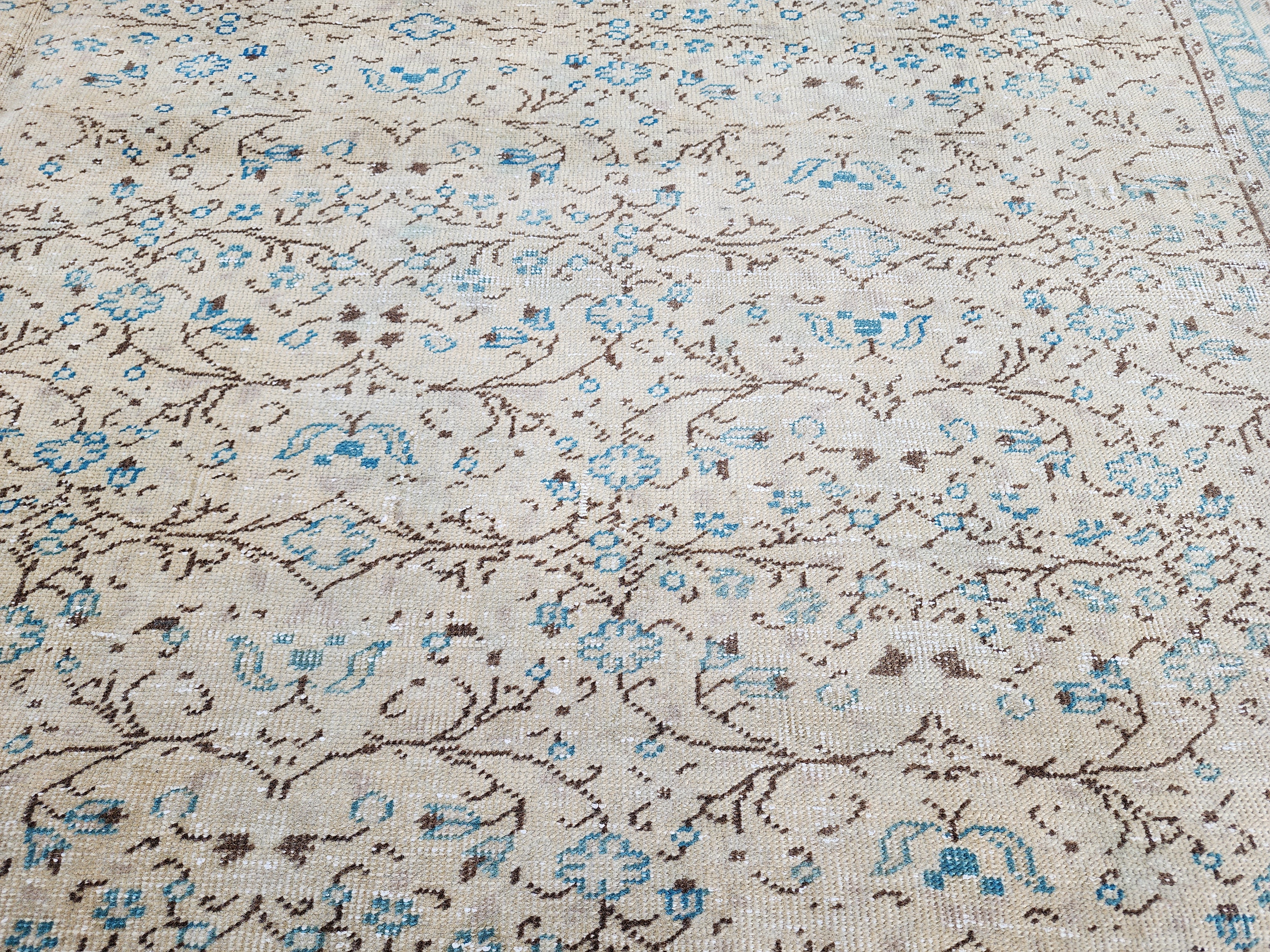 Vintage Turkish Rug 10 ft 6 in x 7 ft 4 in, Beige, Brown and Off-Blue Antique Persian Rug Handmade from Natural Wool