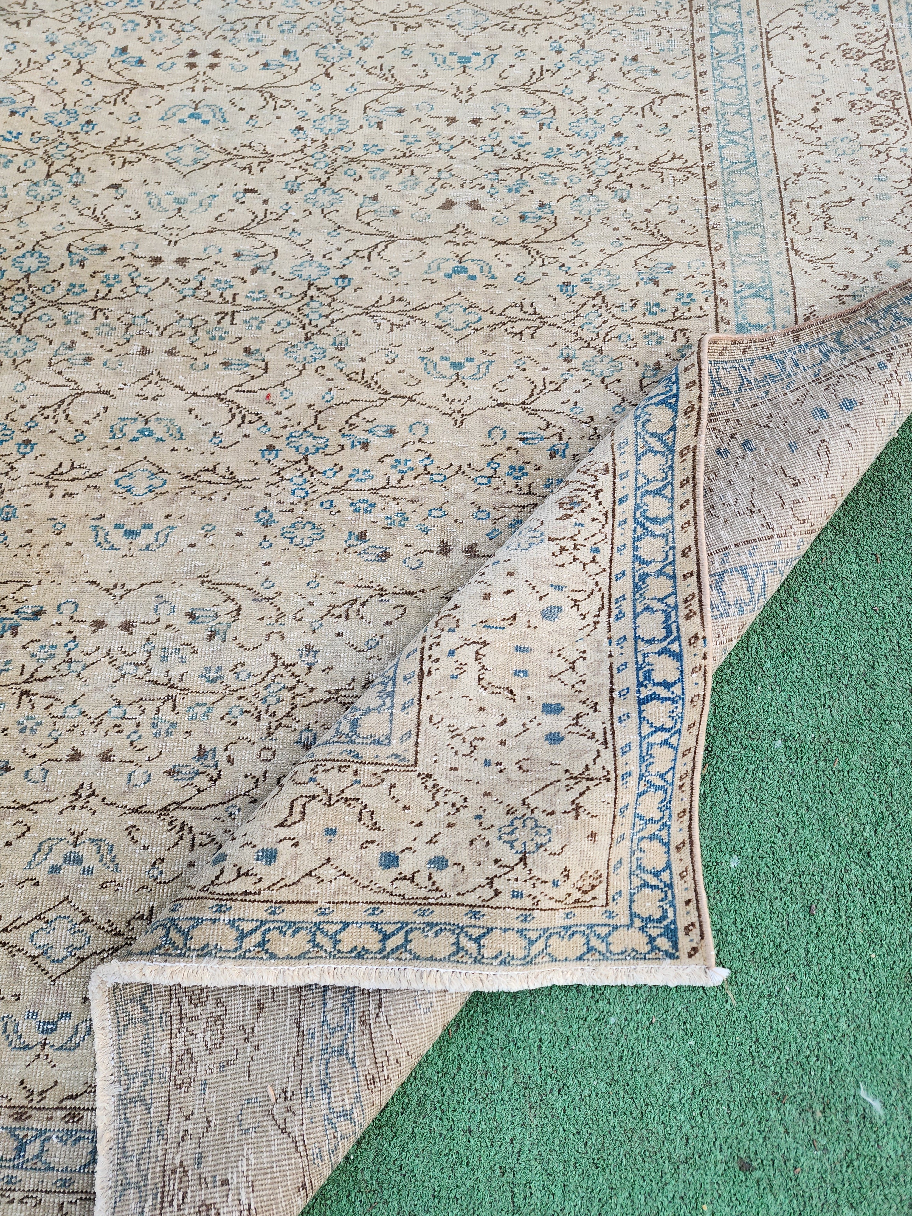 Vintage Turkish Rug 10 ft 6 in x 7 ft 4 in, Beige, Brown and Off-Blue Antique Persian Rug Handmade from Natural Wool