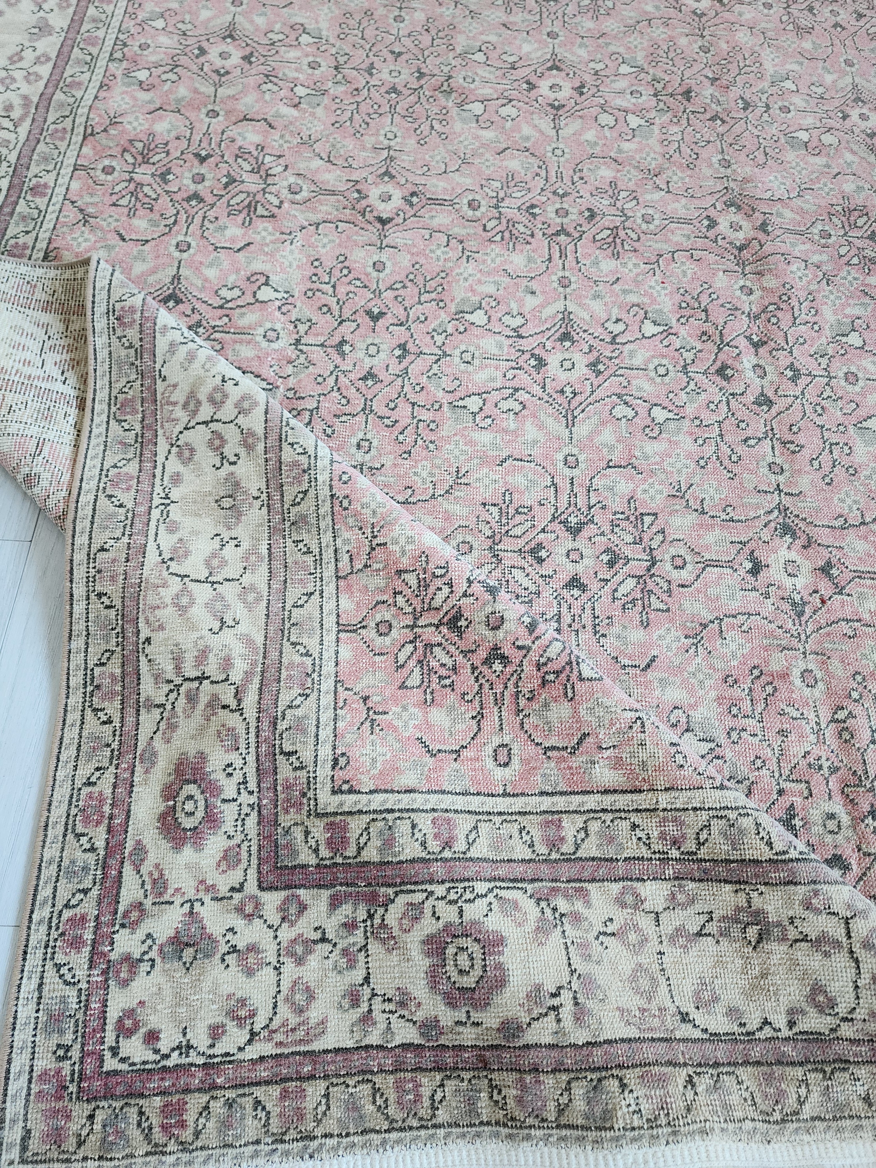 Antique Kayseri Rug, Large Turkish Area Rug, Distressed Floral Pattern