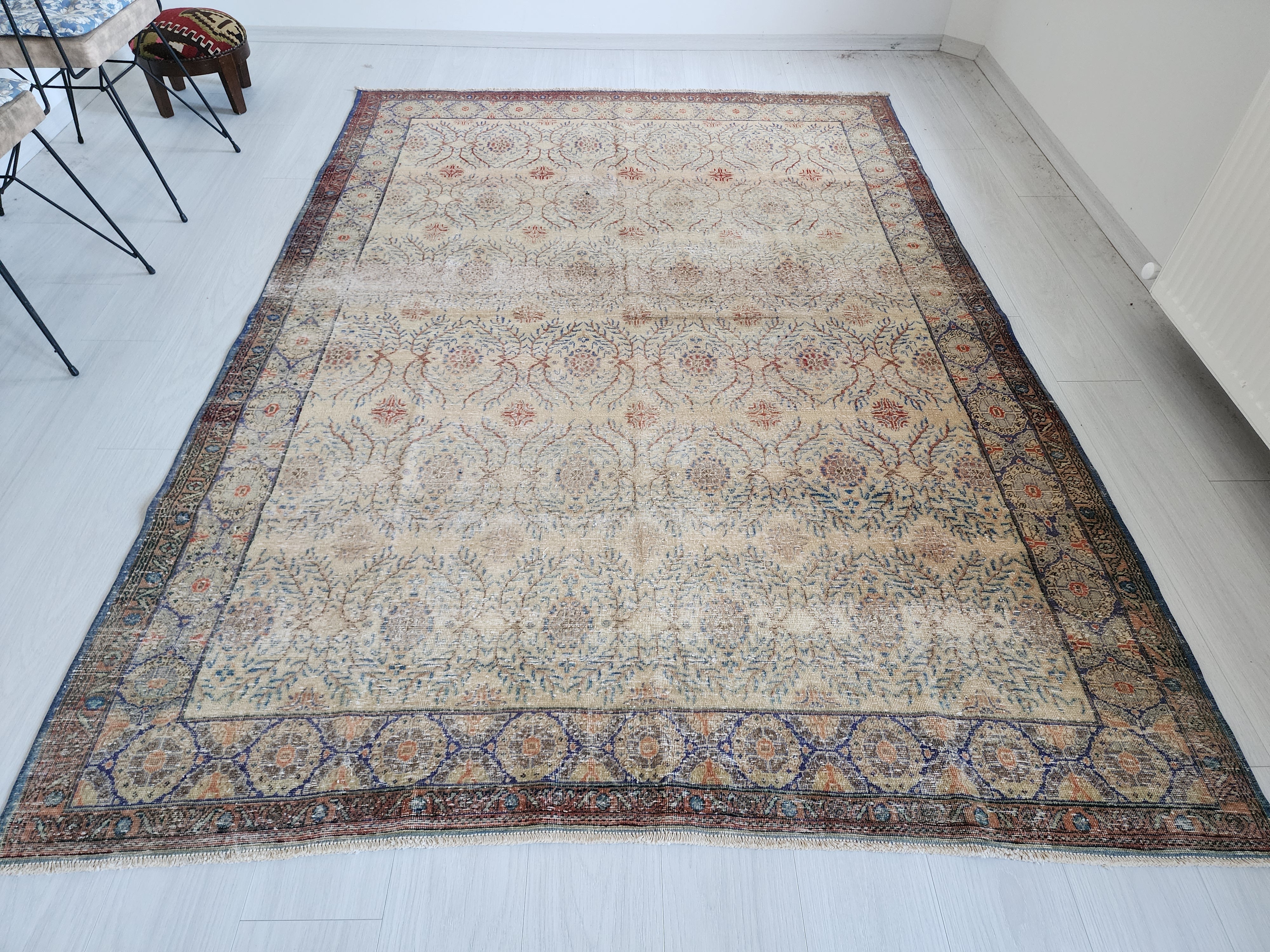 Antique Kayseri Burunguz Rug, Large Turkish Area Rug, Distressed Floral Pattern (Copy)