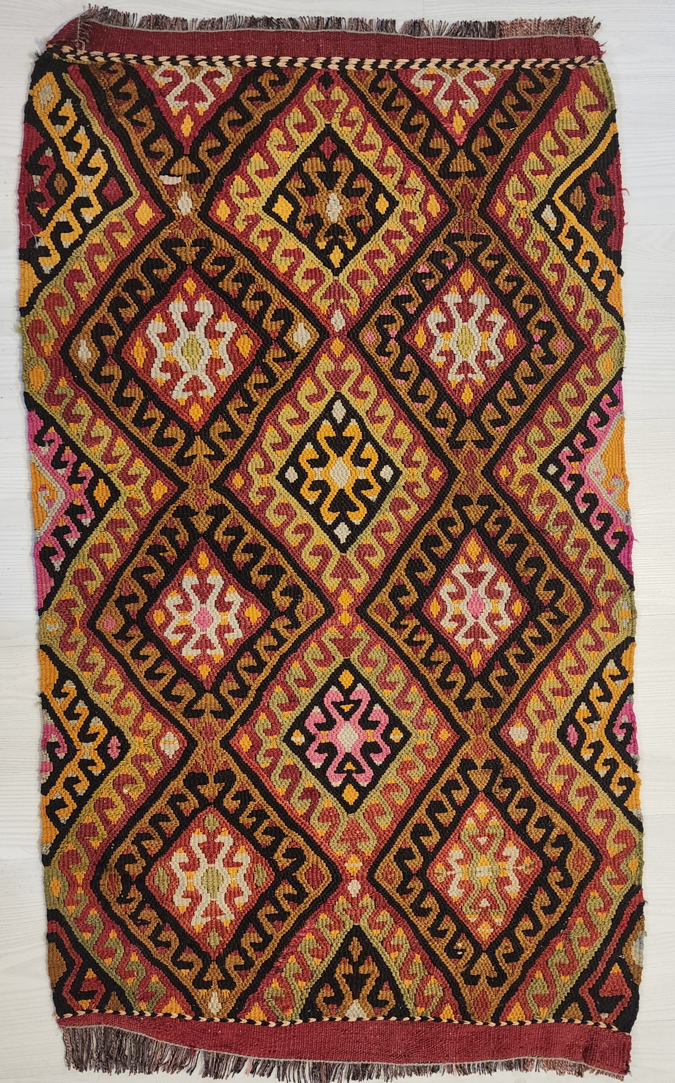 Vintage Kilim Rug, Green Red Neutral Boho Decor, Anatolian Tribal Entryway Rug, 2x3