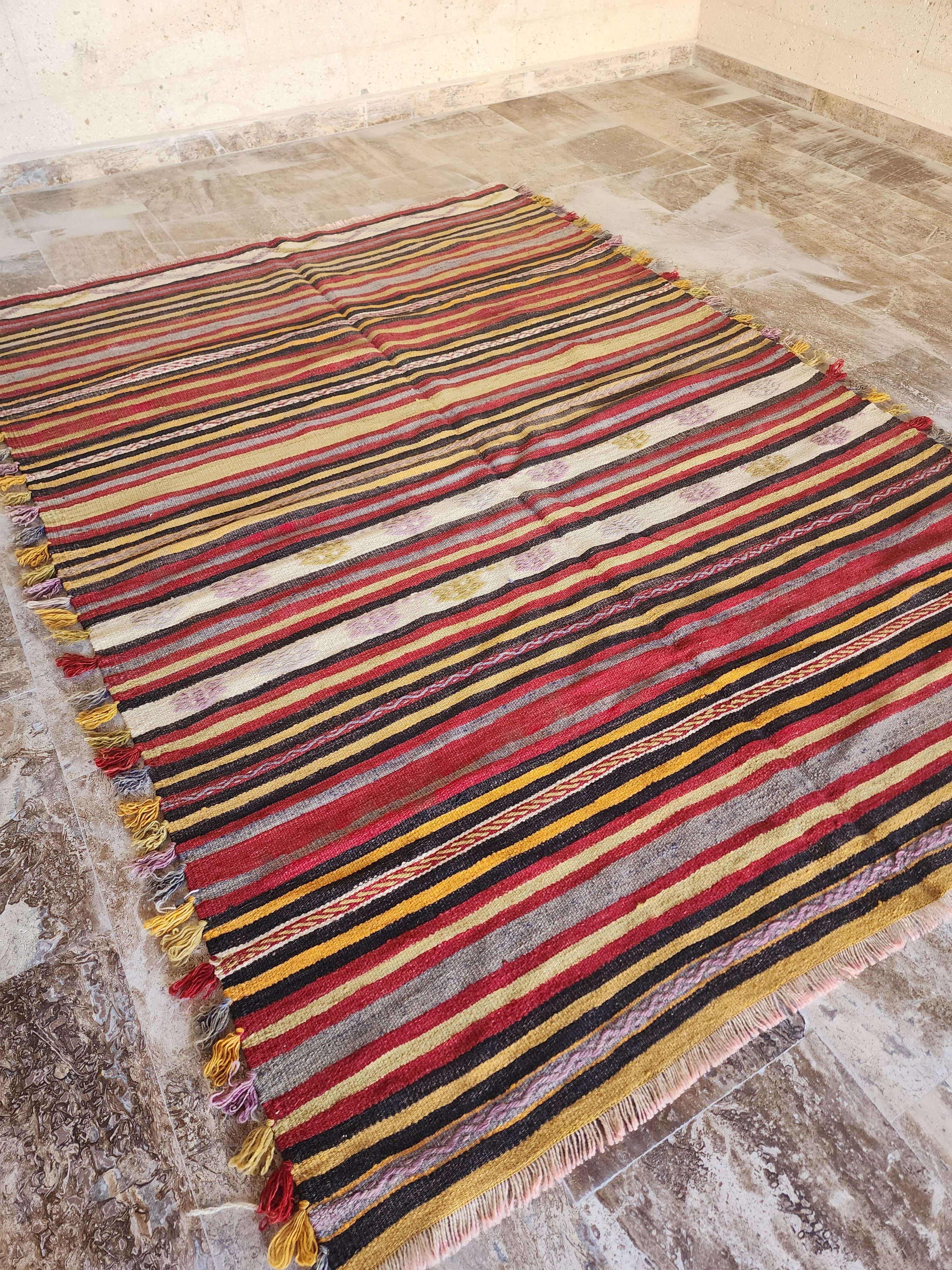 Kilim Rug, 6 ft 7 in x 4 ft 9 in Brown Red Yellow and White Striped Rug