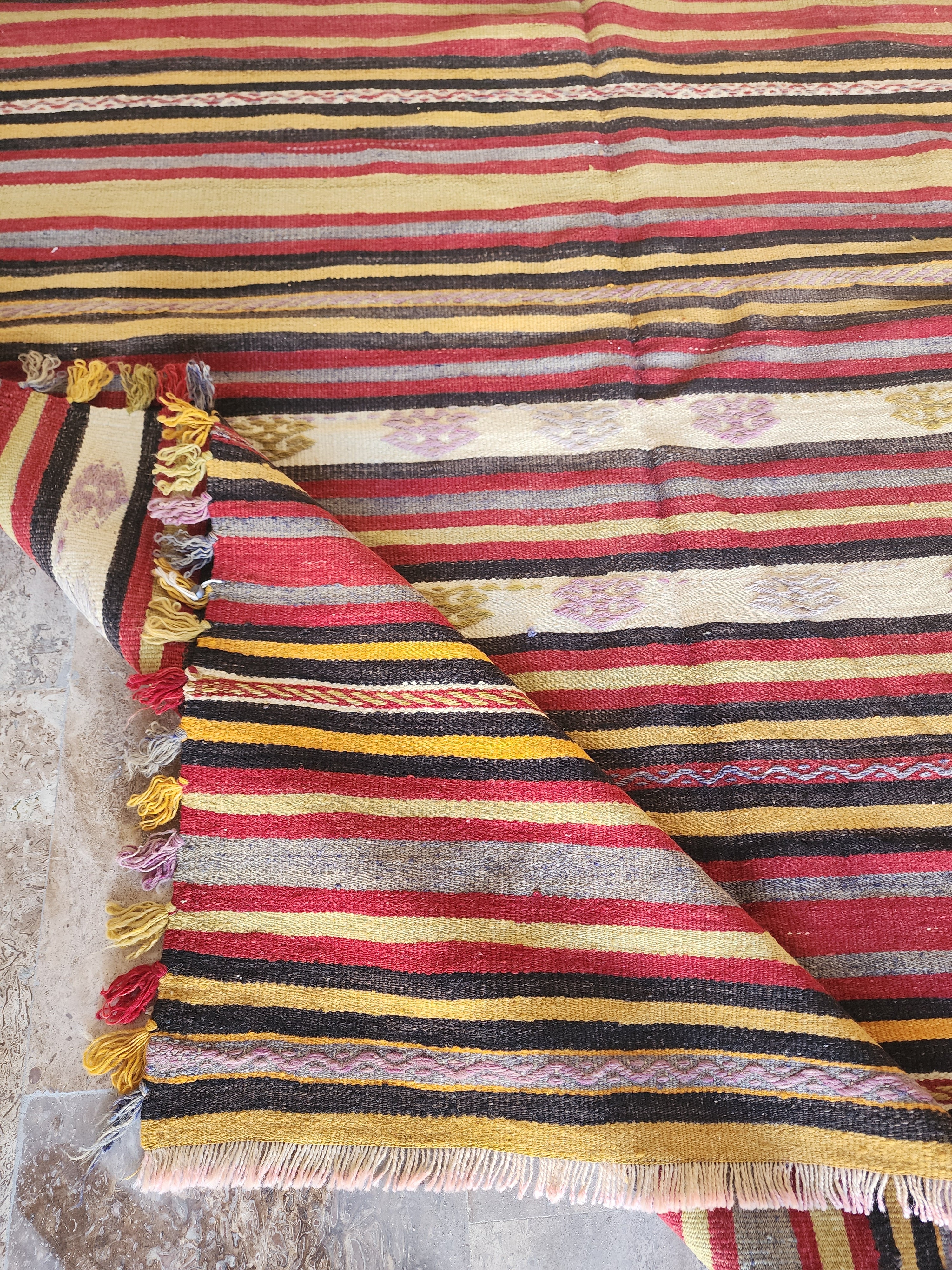 Kilim Rug, 6 ft 7 in x 4 ft 9 in Brown Red Yellow and White Striped Rug