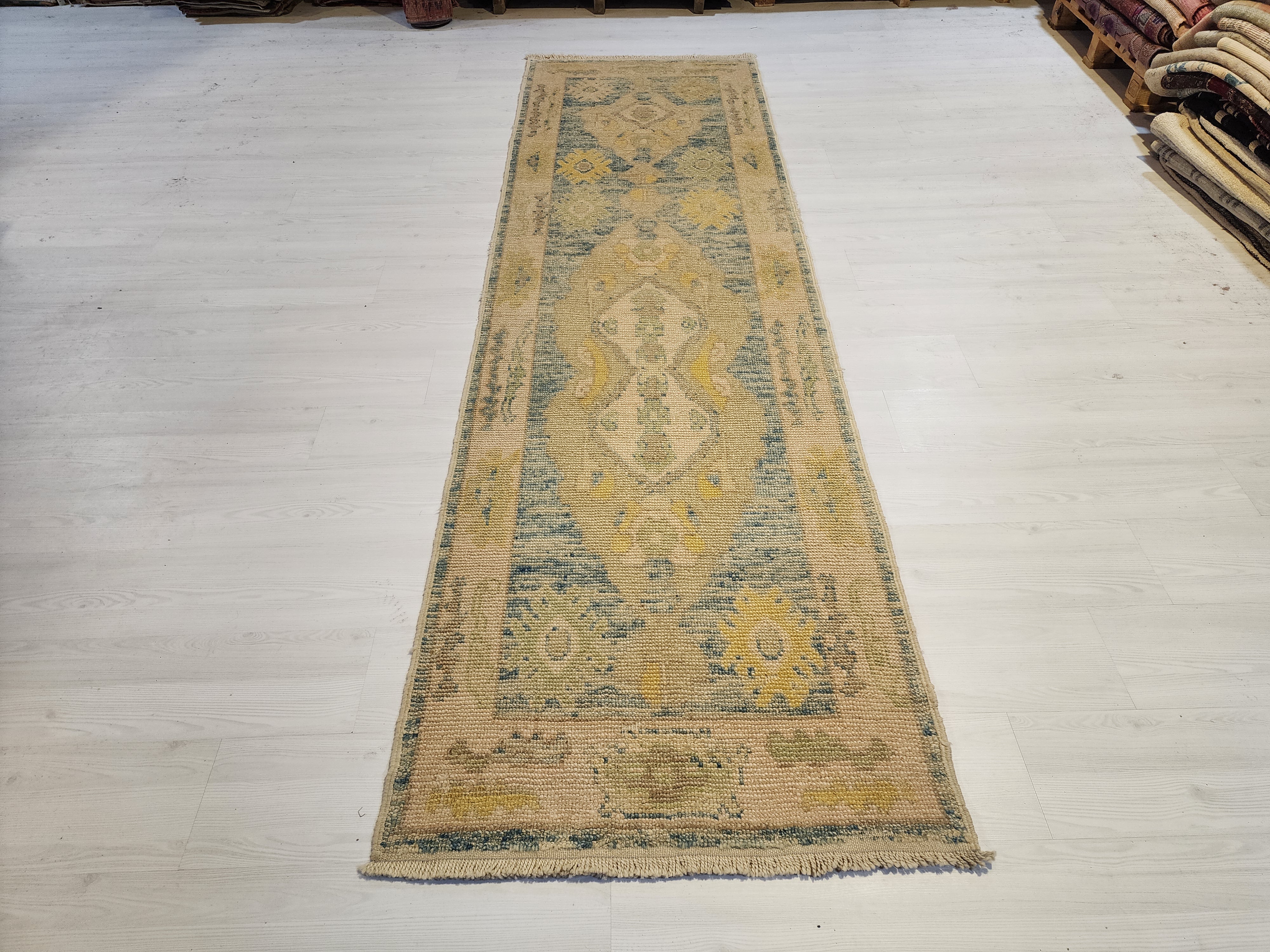 Oushak Hallway Rug 9 x 3 ft Beige and Blue Vintage Turkish Natural Wool Recycled Runner Rug, Boho Rustic Decor Antique Oriental Rug