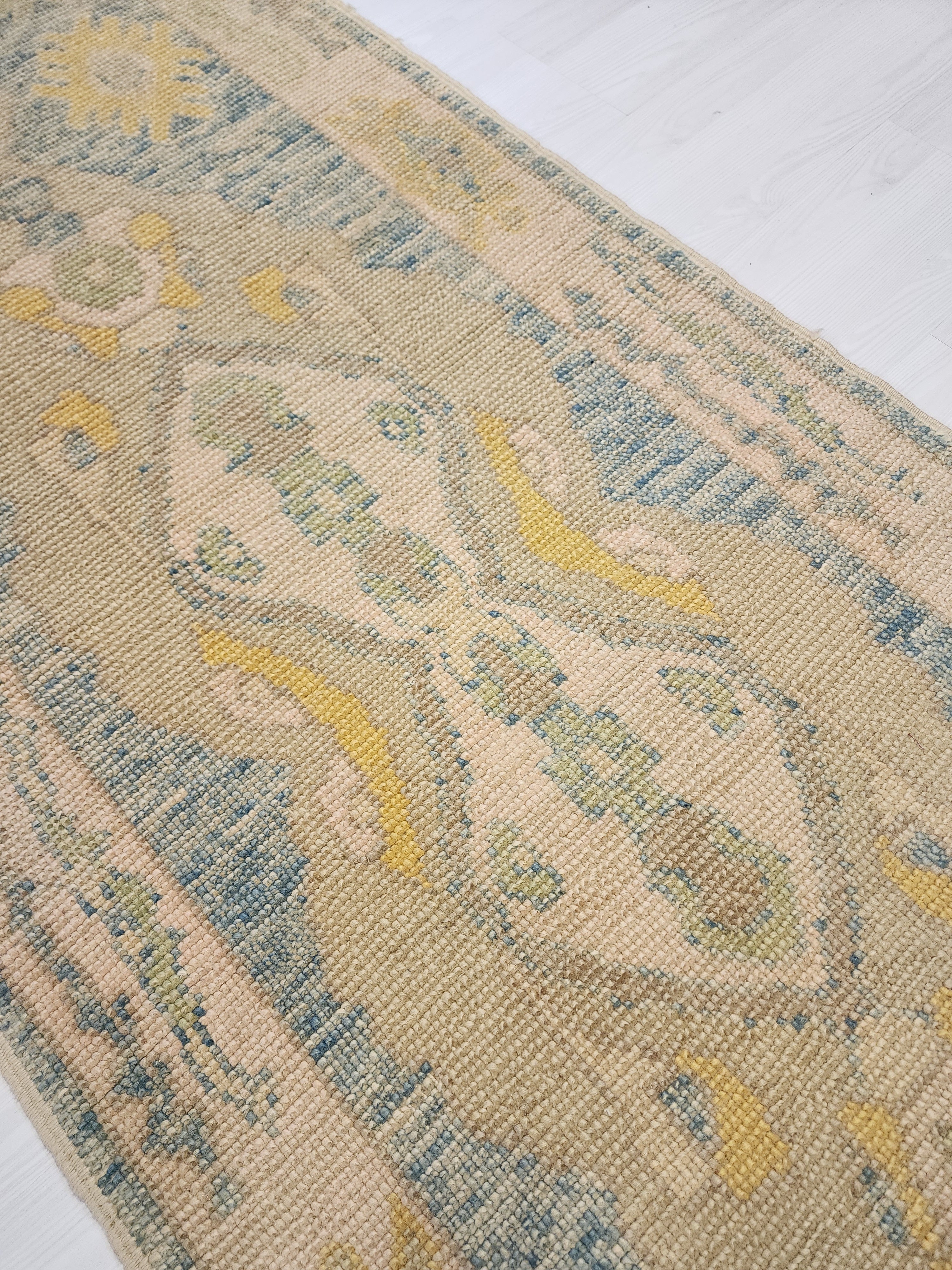 Oushak Hallway Rug 9 x 3 ft Beige and Blue Vintage Turkish Natural Wool Recycled Runner Rug, Boho Rustic Decor Antique Oriental Rug