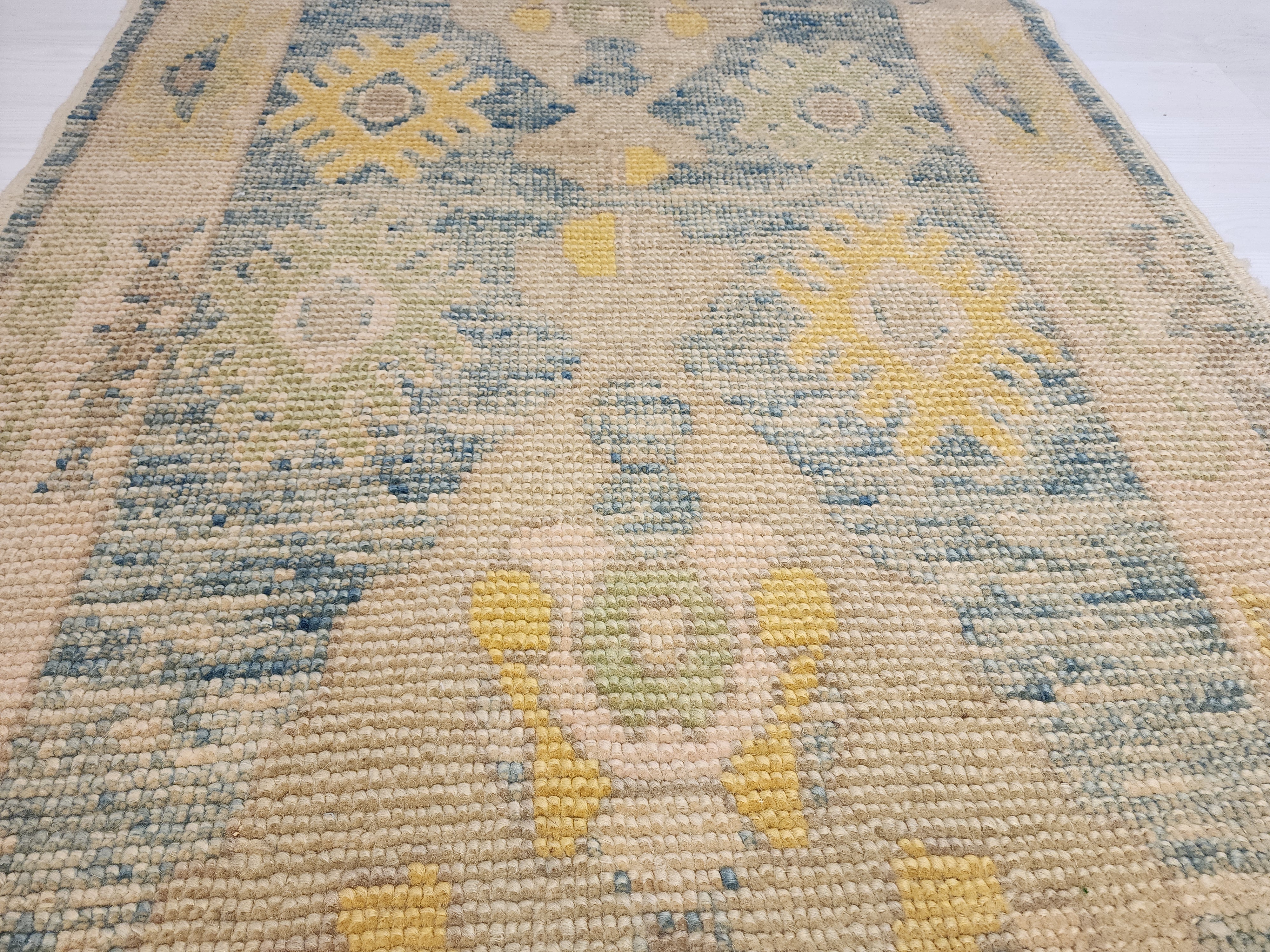Oushak Hallway Rug 9 x 3 ft Beige and Blue Vintage Turkish Natural Wool Recycled Runner Rug, Boho Rustic Decor Antique Oriental Rug