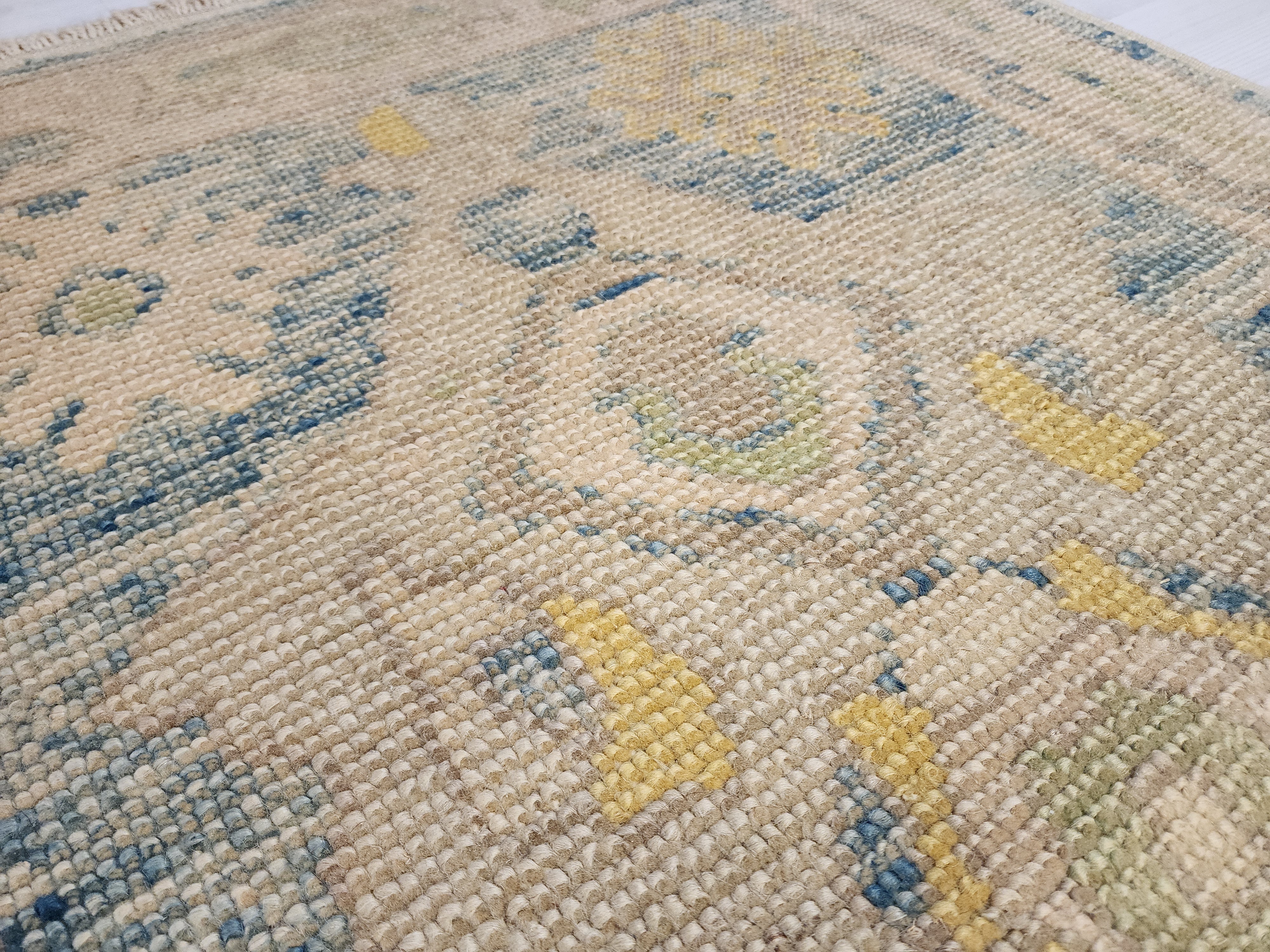 Oushak Hallway Rug 9 x 3 ft Beige and Blue Vintage Turkish Natural Wool Recycled Runner Rug, Boho Rustic Decor Antique Oriental Rug