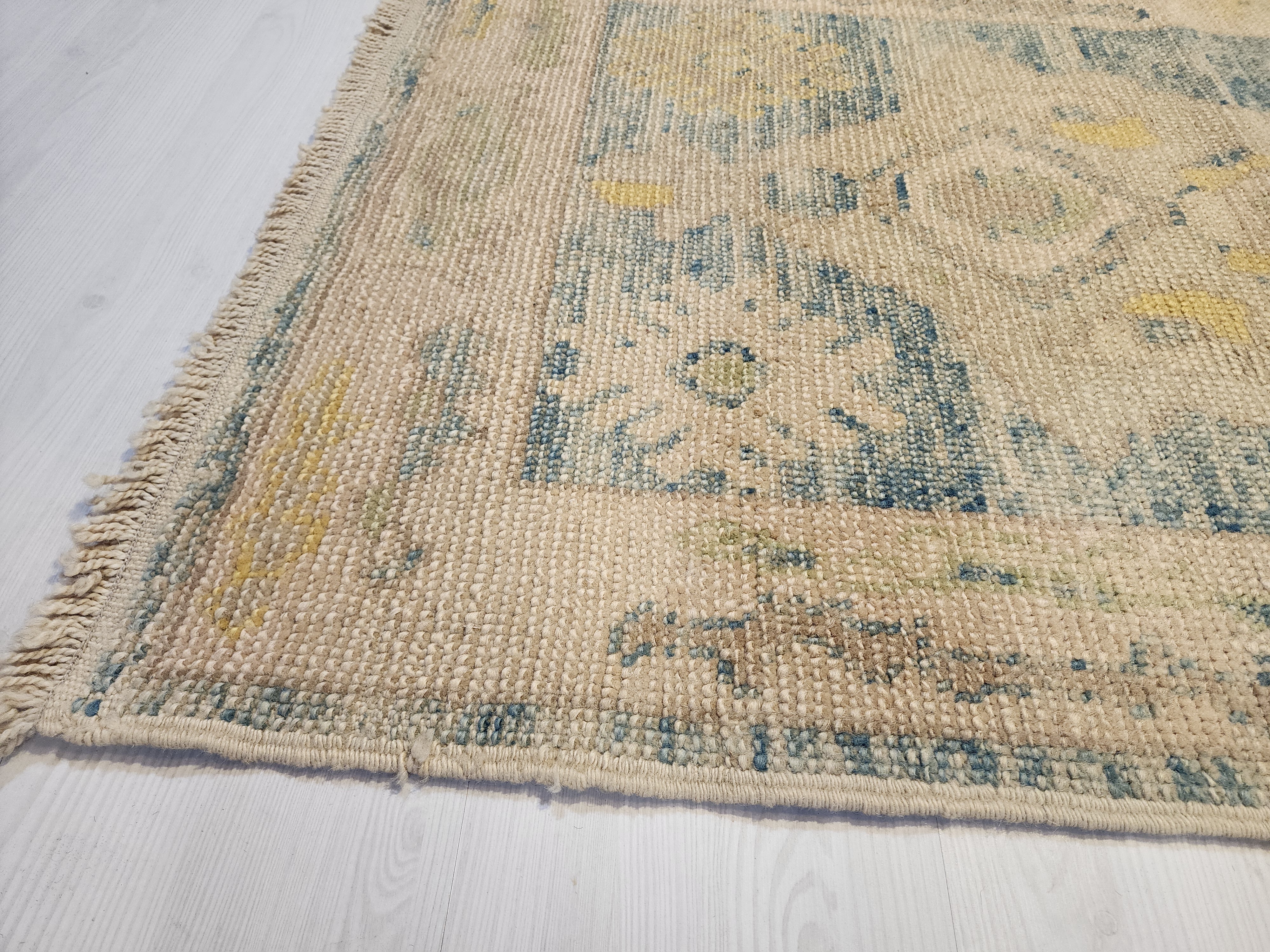Oushak Hallway Rug 9 x 3 ft Beige and Blue Vintage Turkish Natural Wool Recycled Runner Rug, Boho Rustic Decor Antique Oriental Rug