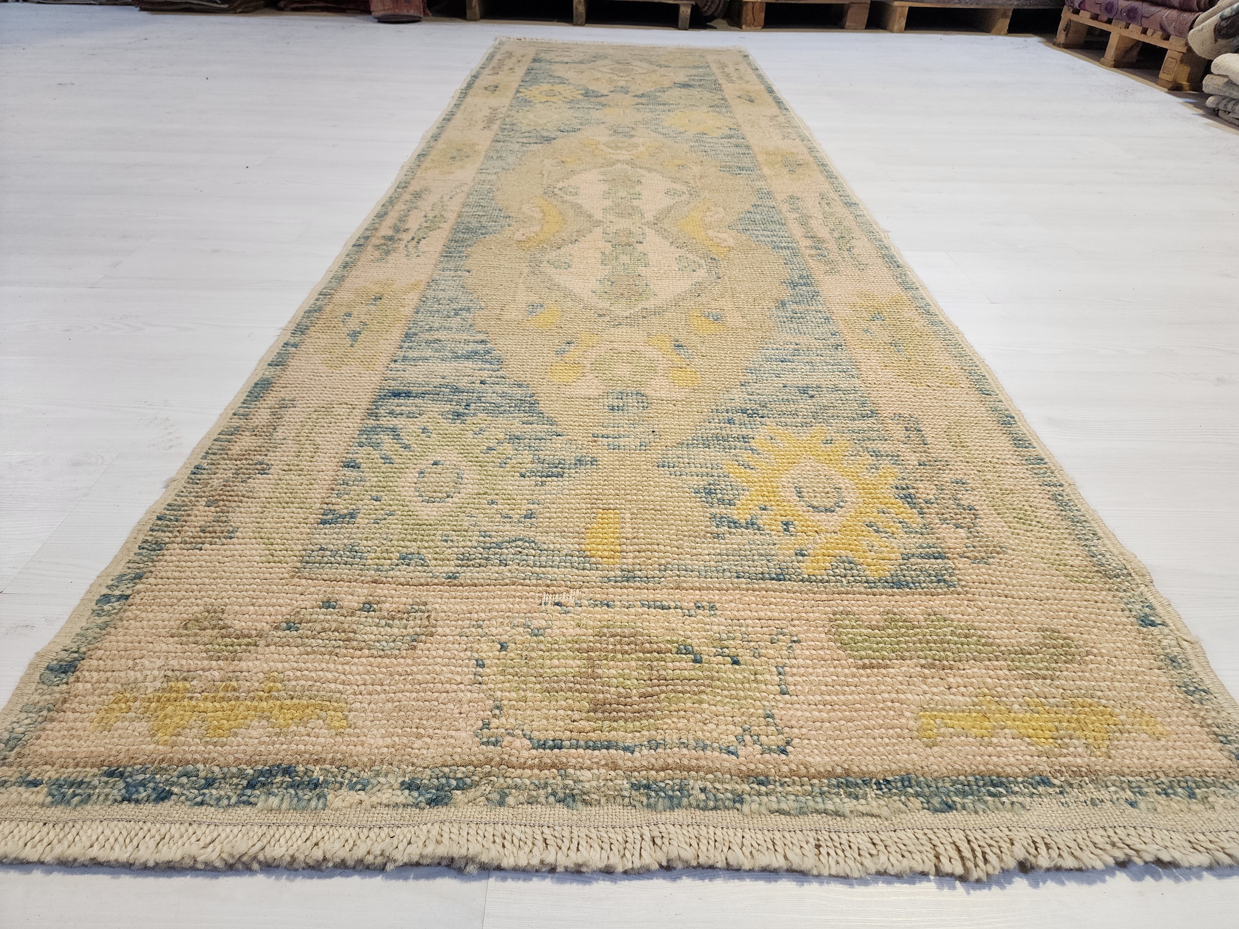 Oushak Hallway Rug 9 x 3 ft Beige and Blue Vintage Turkish Natural Wool Recycled Runner Rug, Boho Rustic Decor Antique Oriental Rug