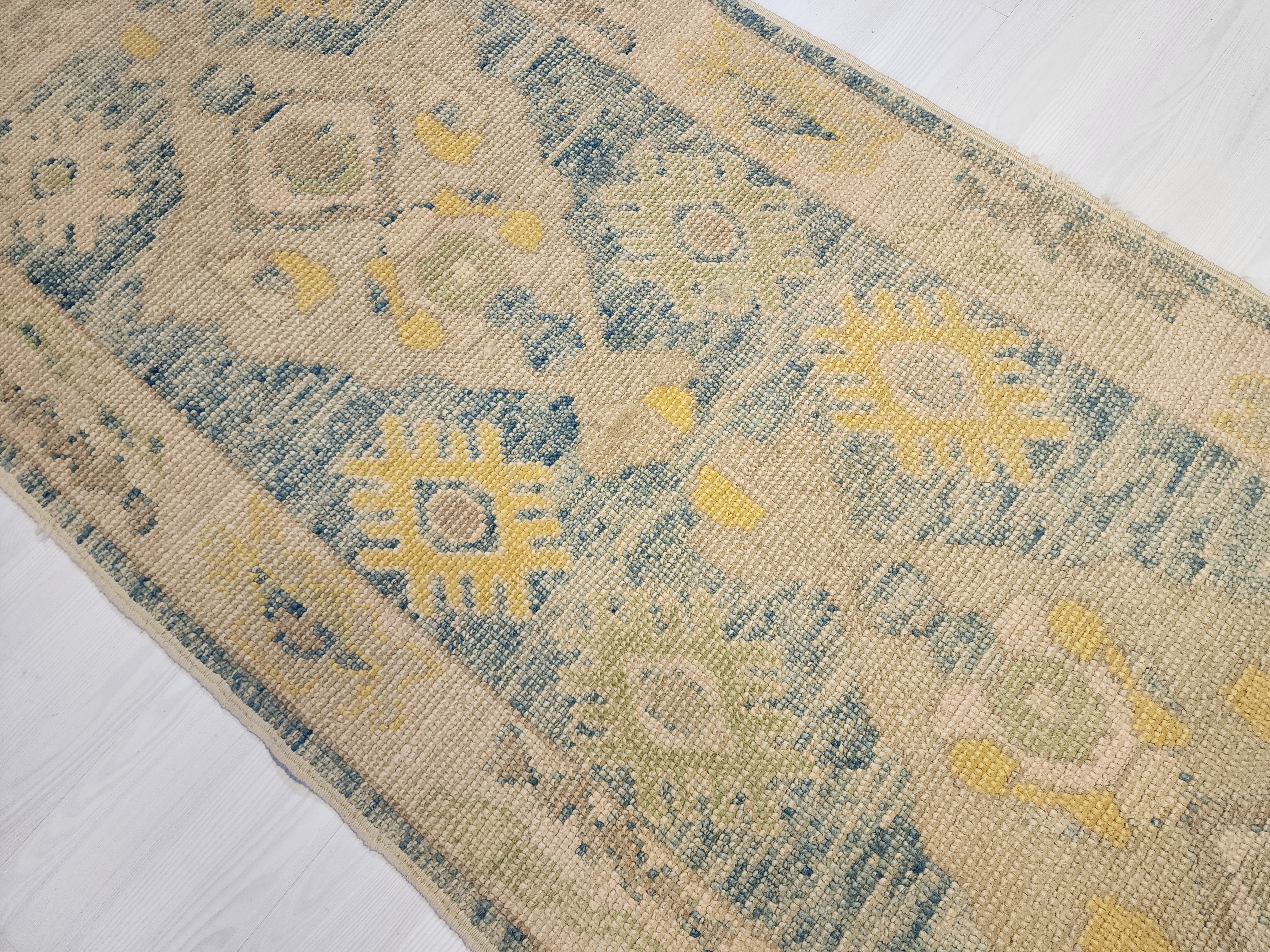 Oushak Hallway Rug 9 x 3 ft Beige and Blue Vintage Turkish Natural Wool Recycled Runner Rug, Boho Rustic Decor Antique Oriental Rug