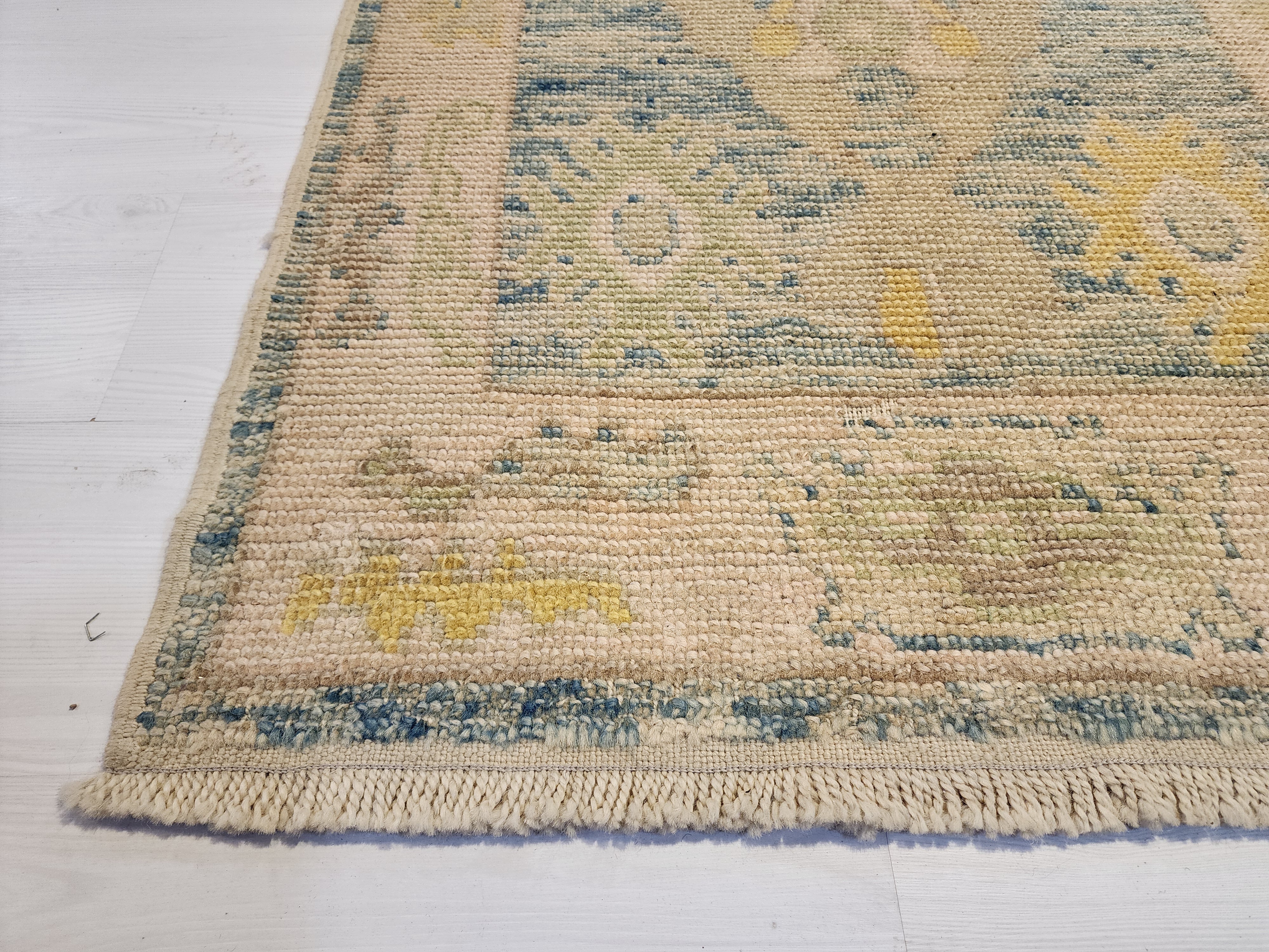 Oushak Hallway Rug 9 x 3 ft Beige and Blue Vintage Turkish Natural Wool Recycled Runner Rug, Boho Rustic Decor Antique Oriental Rug