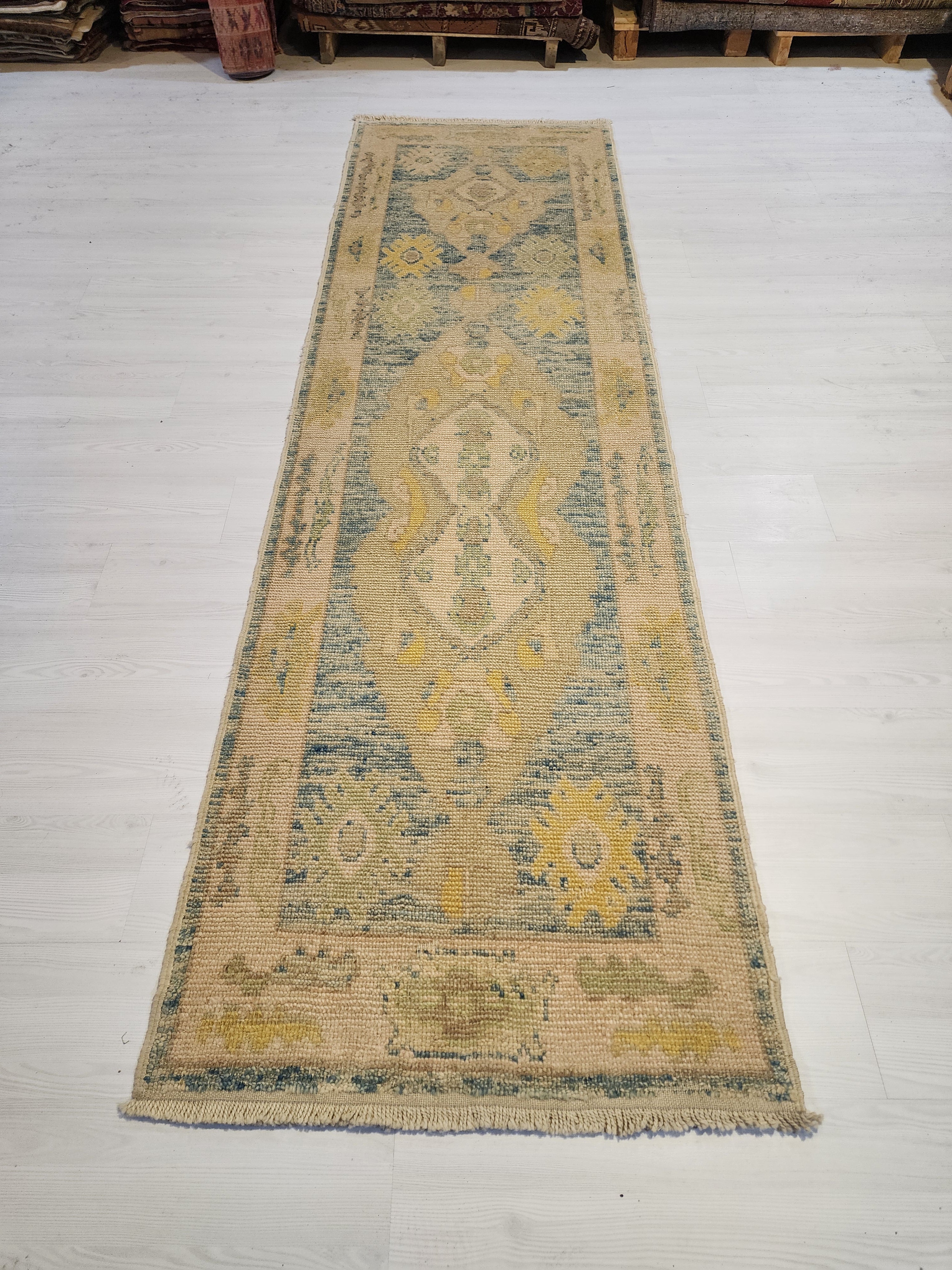 Oushak Hallway Rug 9 x 3 ft Beige and Blue Vintage Turkish Natural Wool Recycled Runner Rug, Boho Rustic Decor Antique Oriental Rug
