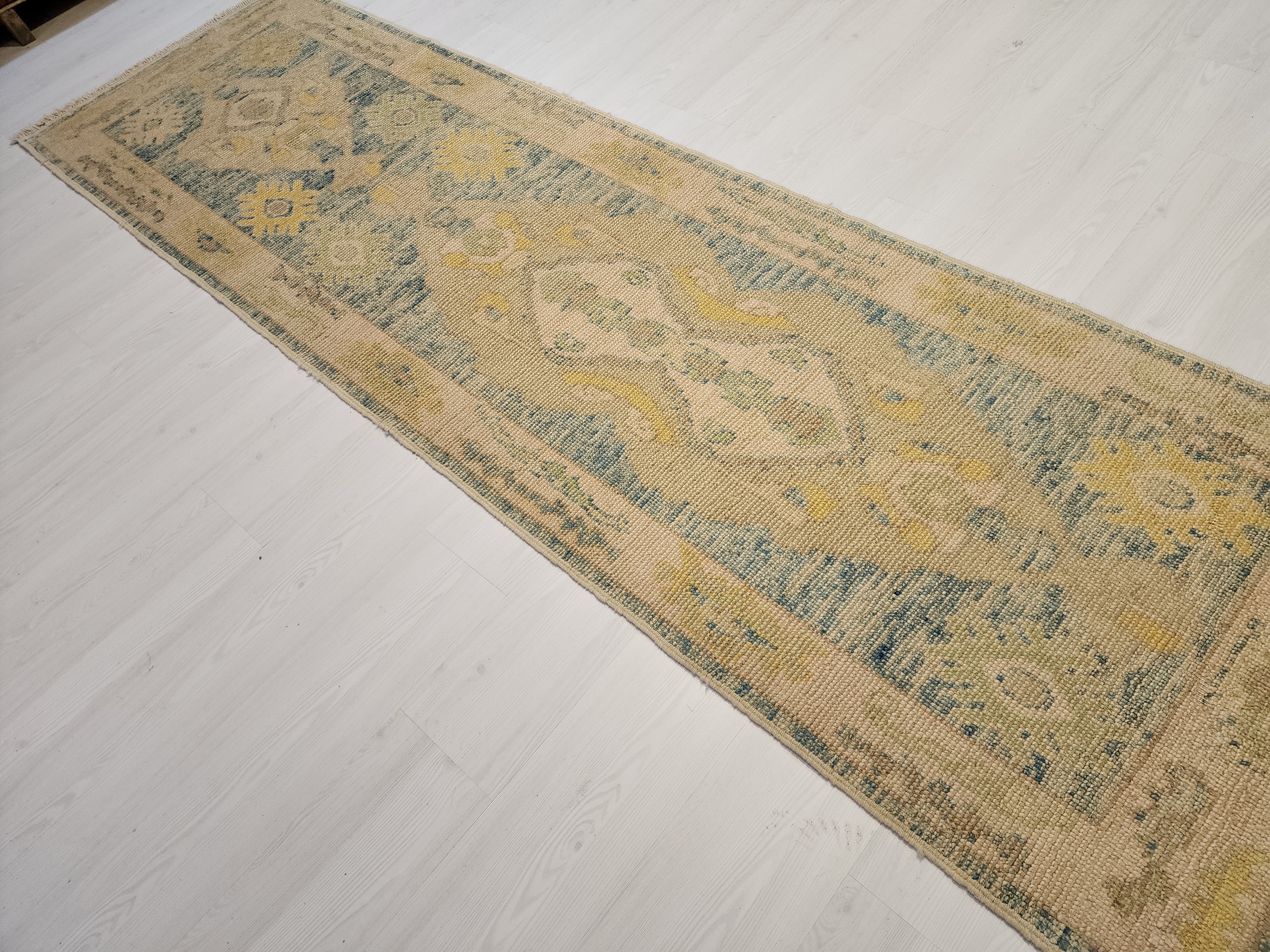 Oushak Hallway Rug 9 x 3 ft Beige and Blue Vintage Turkish Natural Wool Recycled Runner Rug, Boho Rustic Decor Antique Oriental Rug