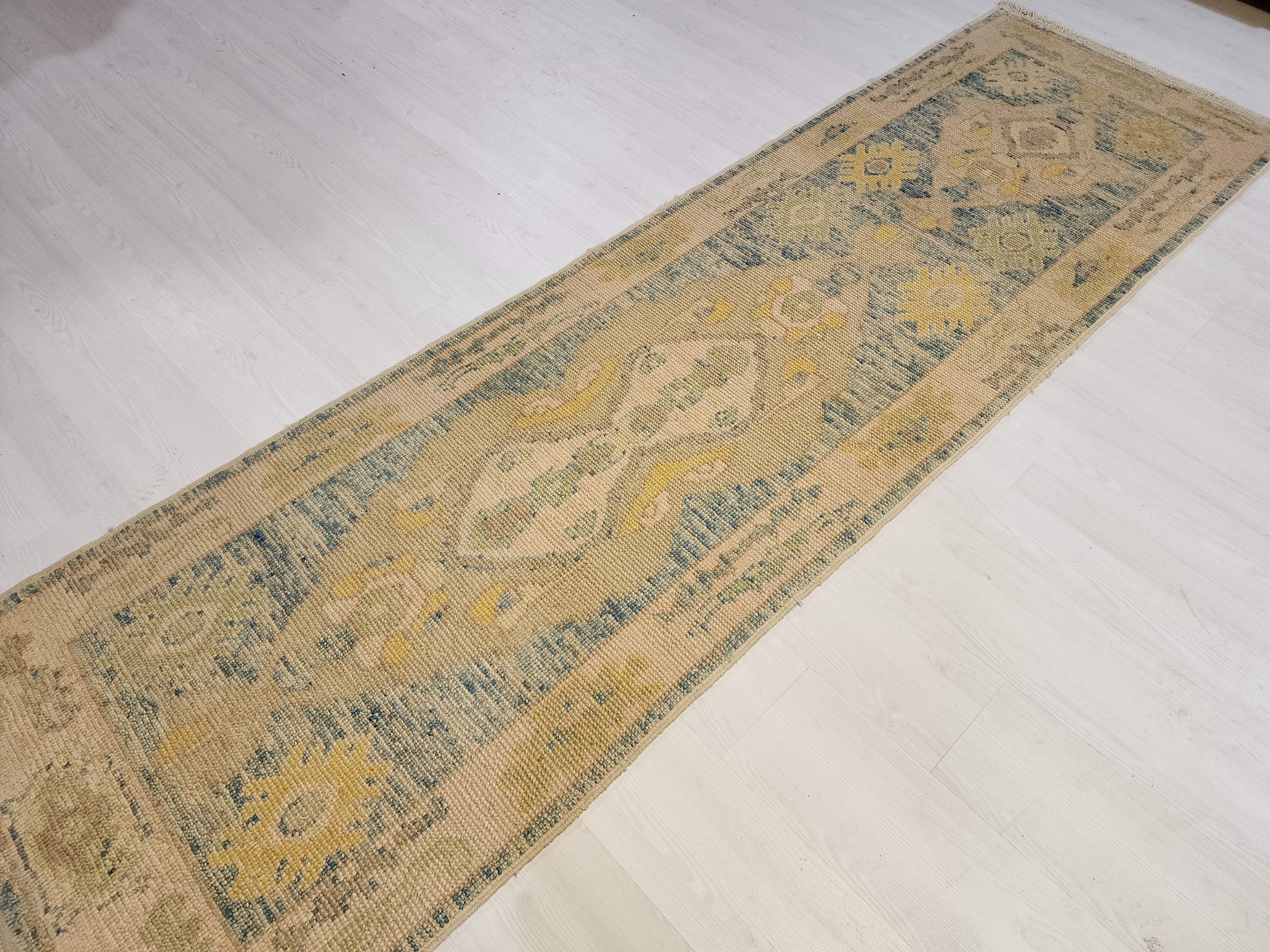 Oushak Hallway Rug 9 x 3 ft Beige and Blue Vintage Turkish Natural Wool Recycled Runner Rug, Boho Rustic Decor Antique Oriental Rug