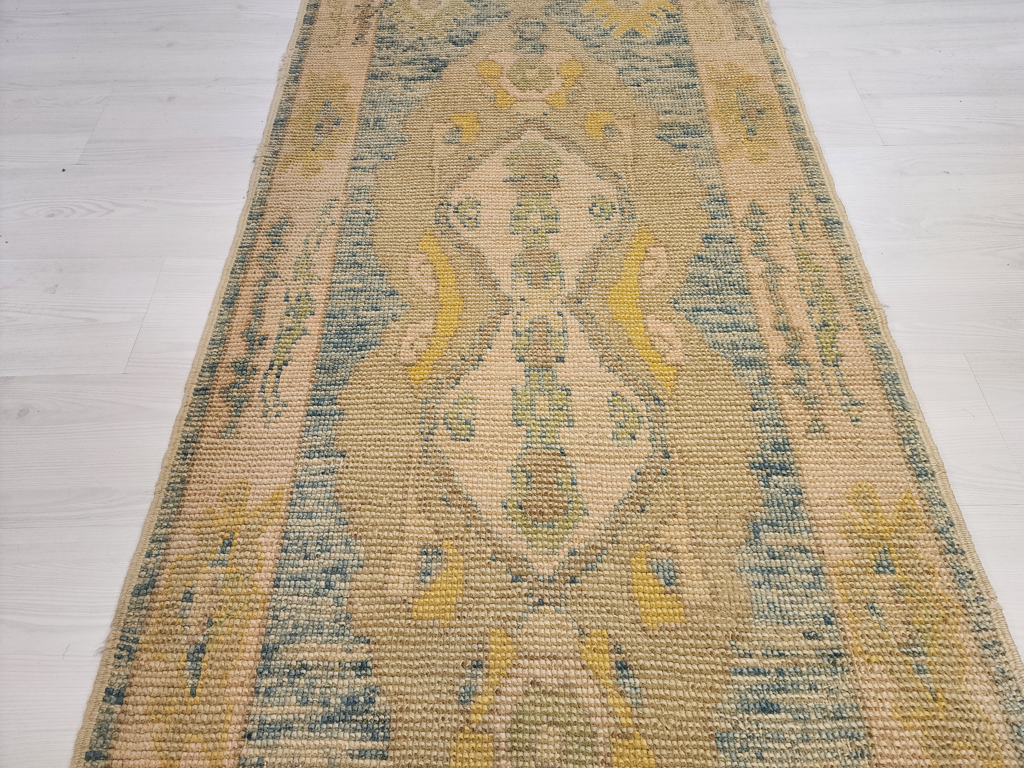 Oushak Hallway Rug 9 x 3 ft Beige and Blue Vintage Turkish Natural Wool Recycled Runner Rug, Boho Rustic Decor Antique Oriental Rug