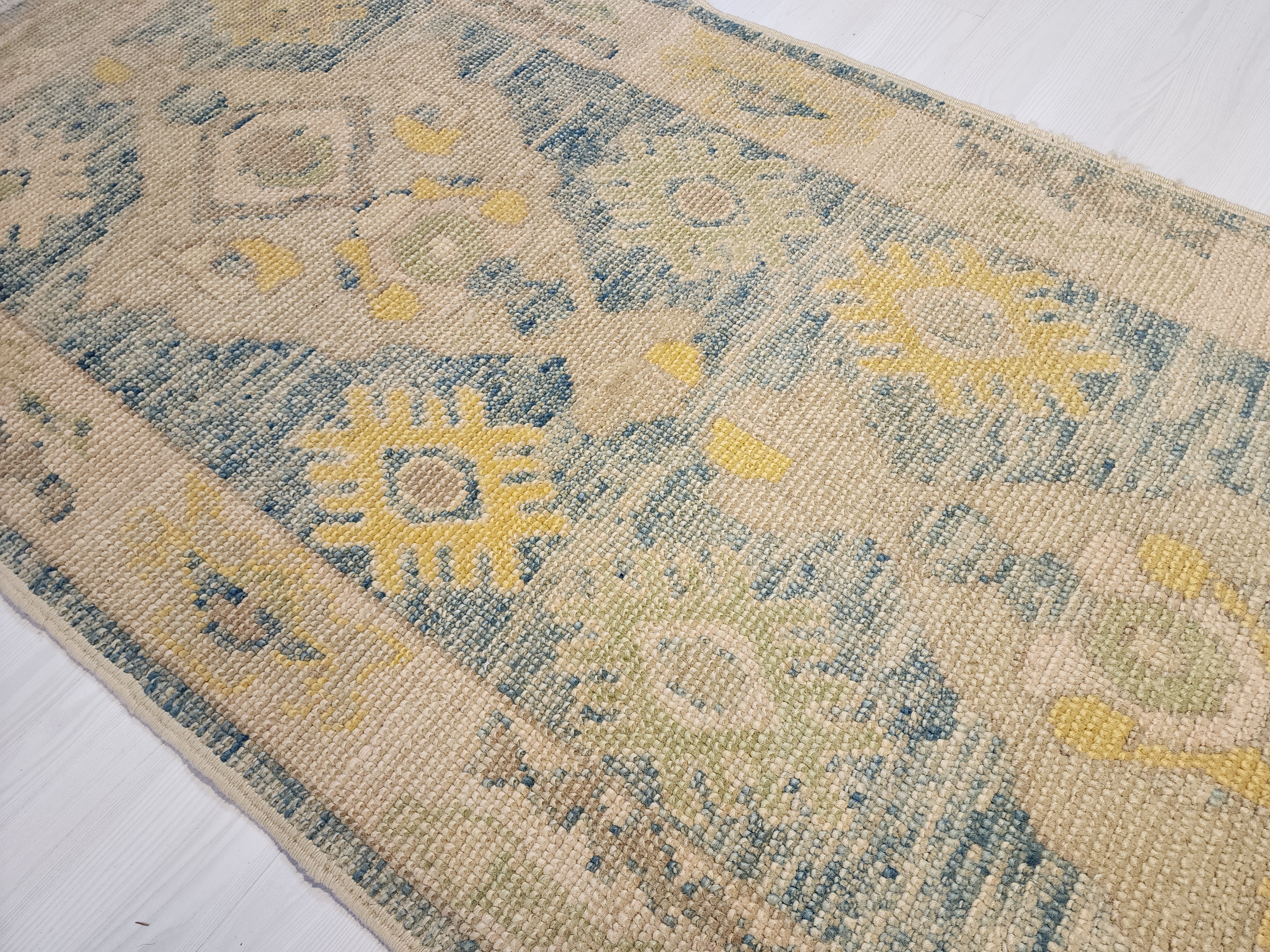 Oushak Hallway Rug 9 x 3 ft Beige and Blue Vintage Turkish Natural Wool Recycled Runner Rug, Boho Rustic Decor Antique Oriental Rug