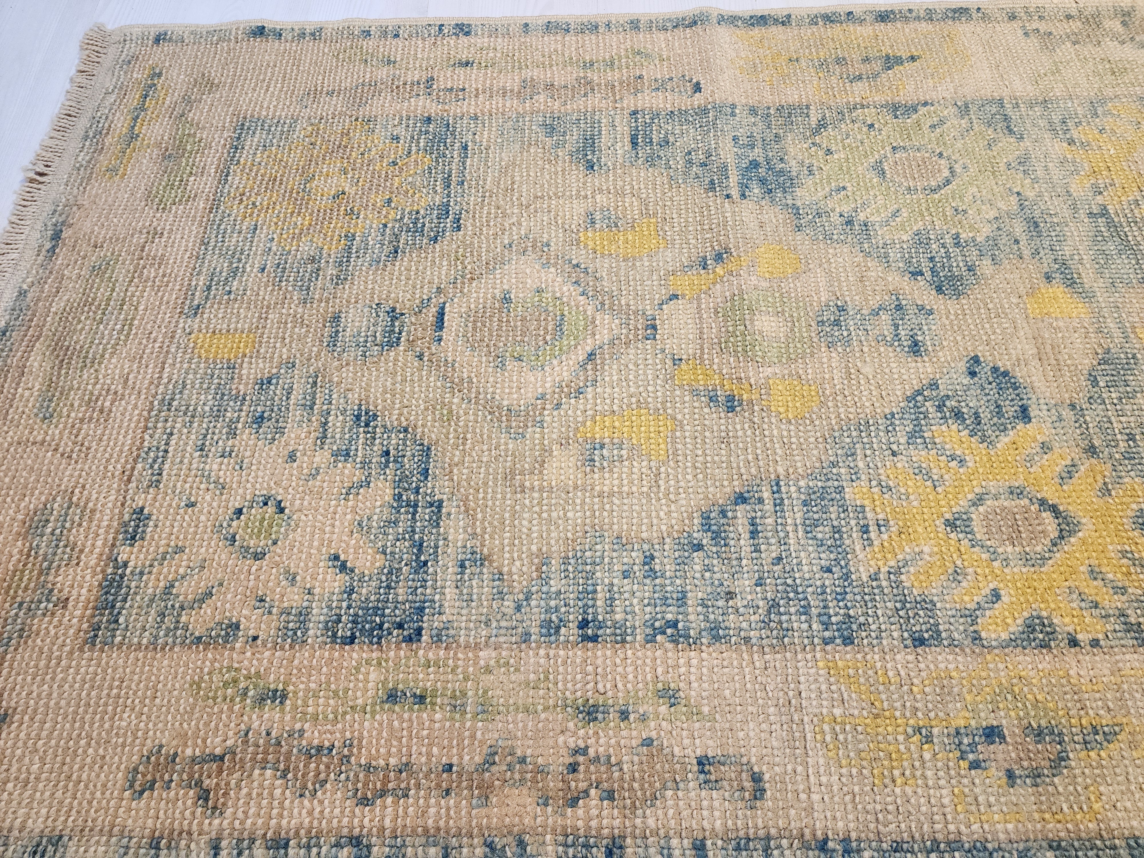 Oushak Hallway Rug 9 x 3 ft Beige and Blue Vintage Turkish Natural Wool Recycled Runner Rug, Boho Rustic Decor Antique Oriental Rug