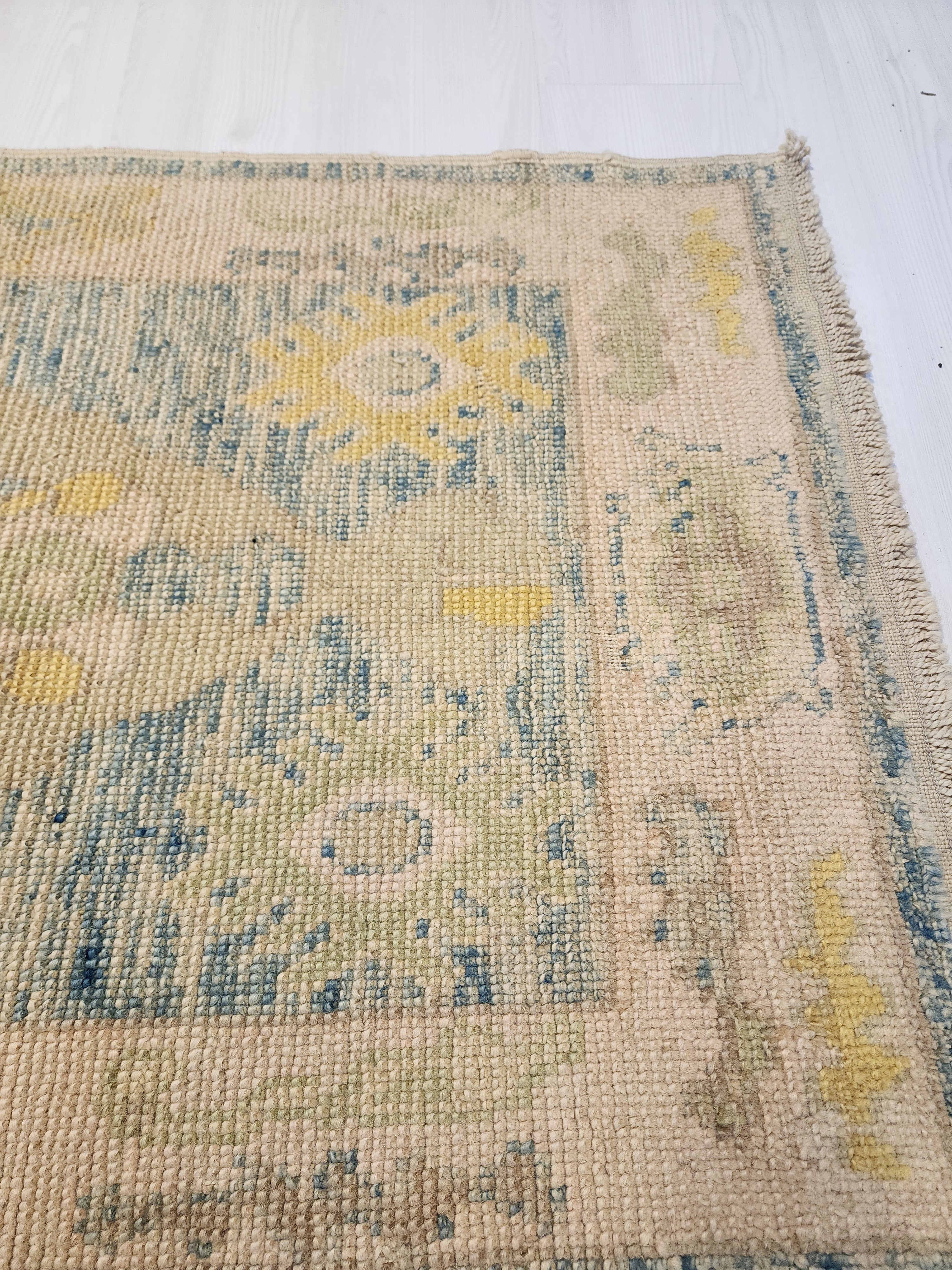 Oushak Hallway Rug 9 x 3 ft Beige and Blue Vintage Turkish Natural Wool Recycled Runner Rug, Boho Rustic Decor Antique Oriental Rug