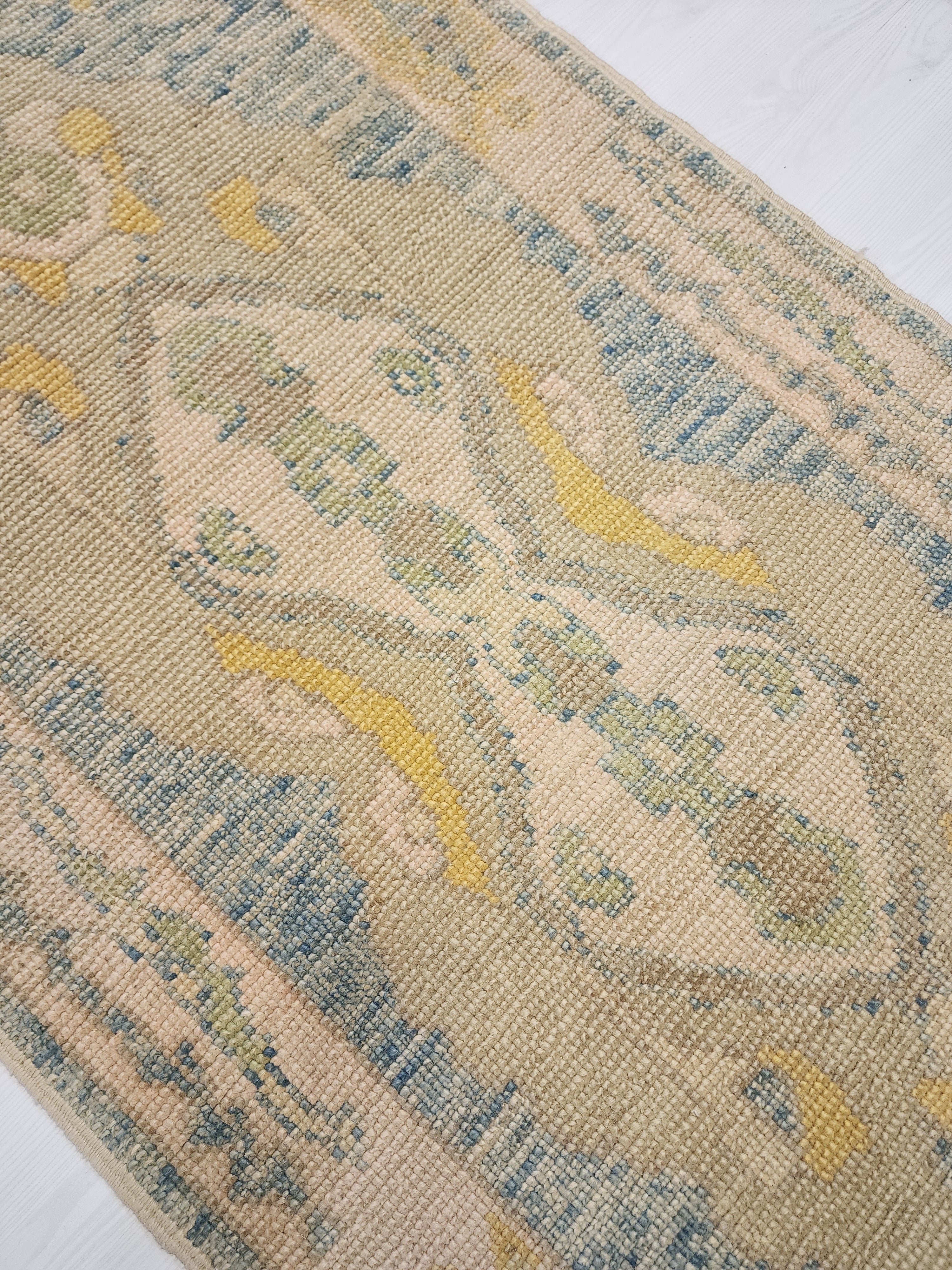 Oushak Hallway Rug 9 x 3 ft Beige and Blue Vintage Turkish Natural Wool Recycled Runner Rug, Boho Rustic Decor Antique Oriental Rug